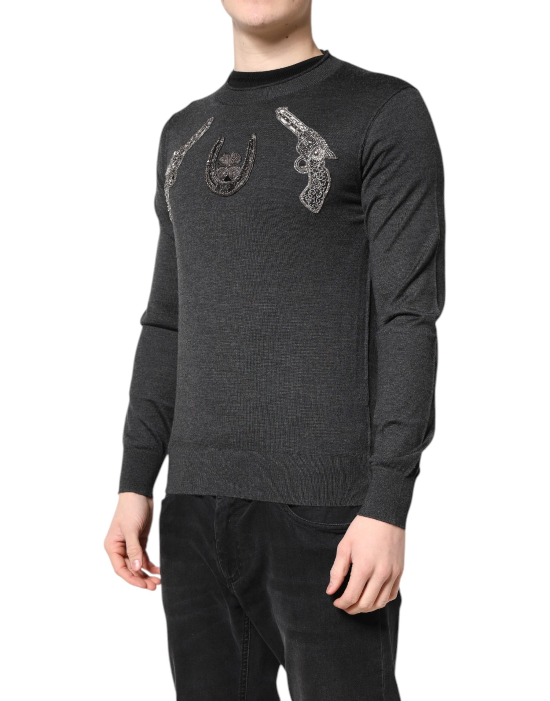 Dolce & Gabbana Gray Embroidery Knit Men Pullover Sweater | Regal Royce