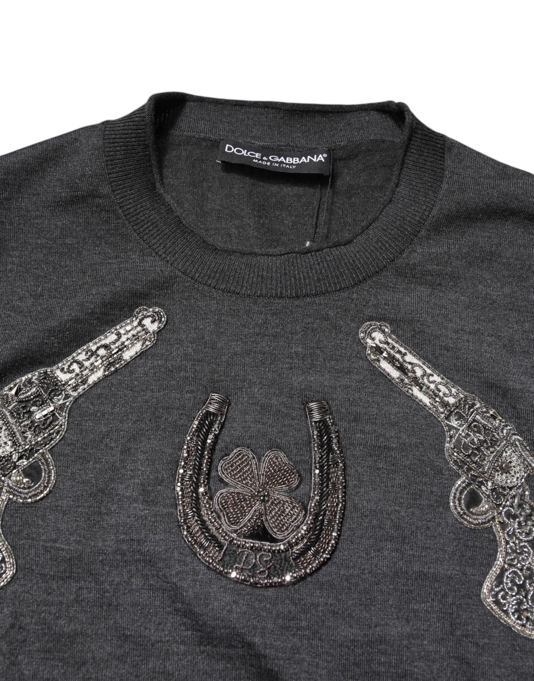Dolce & Gabbana Gray Embroidery Knit Men Pullover Sweater | Regal Royce