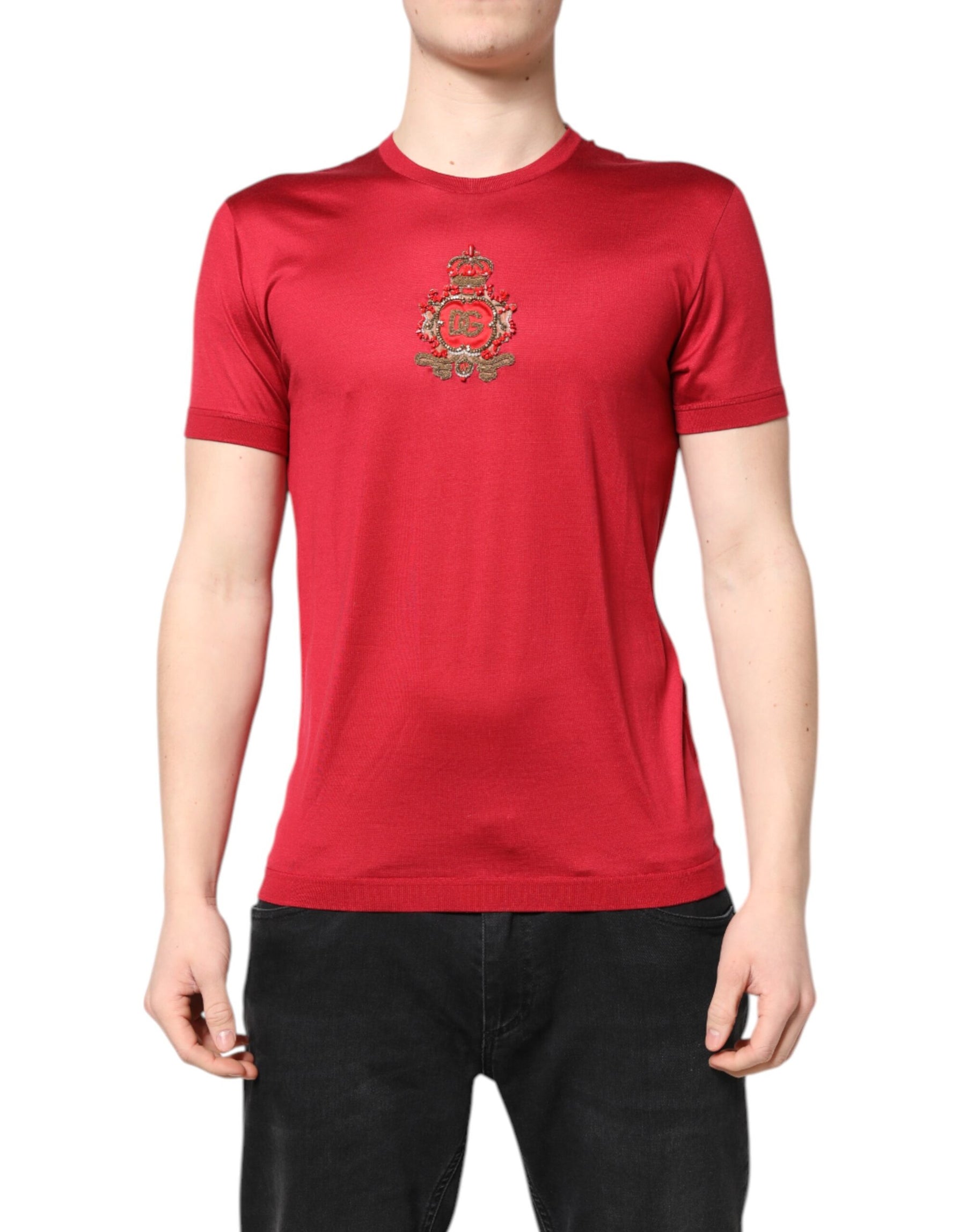 Dolce & Gabbana Red Silk DG Crown Logo Short Sleeve T-shirt | Regal Royce