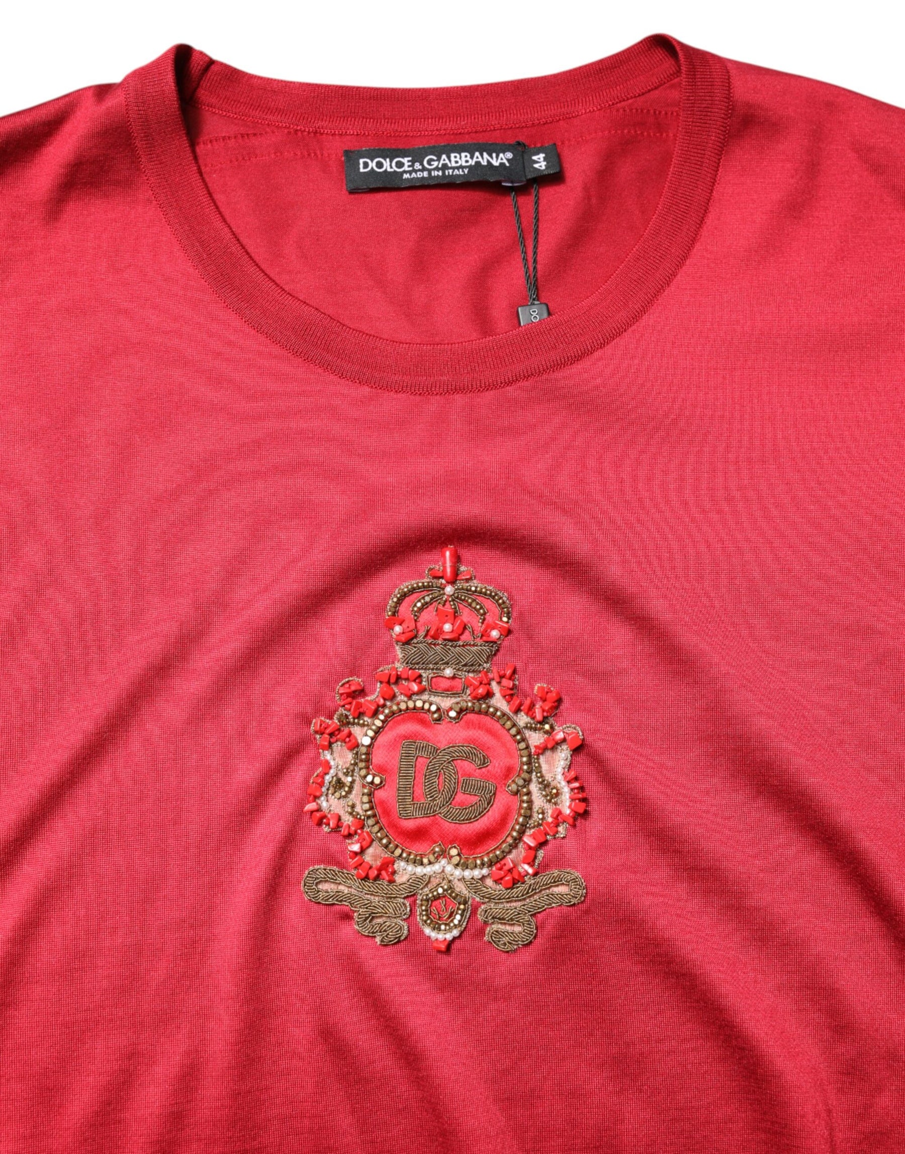 Dolce & Gabbana Red Silk DG Crown Logo Short Sleeve T-shirt | Regal Royce