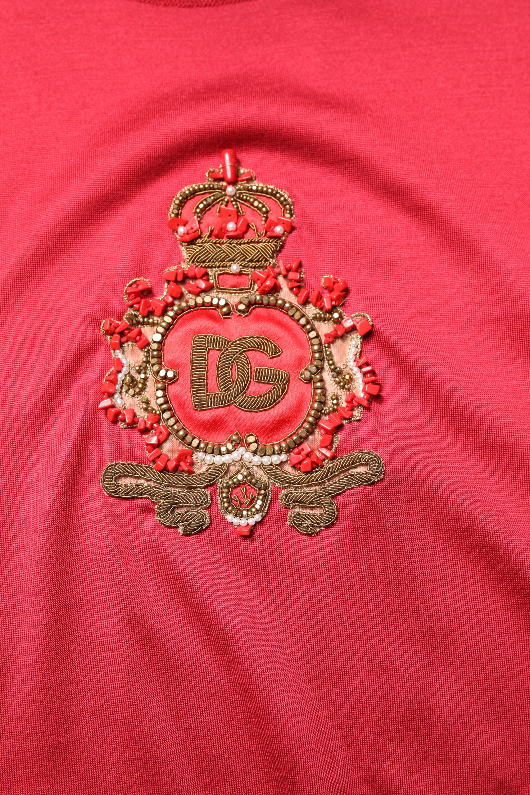 Dolce & Gabbana Red Silk DG Crown Logo Short Sleeve T-shirt | Regal Royce