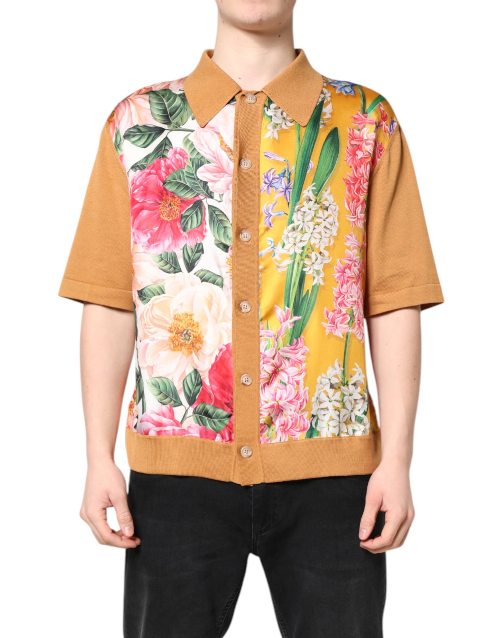 Dolce & Gabbana Brown Floral Collared Short Sleeve T-shirt