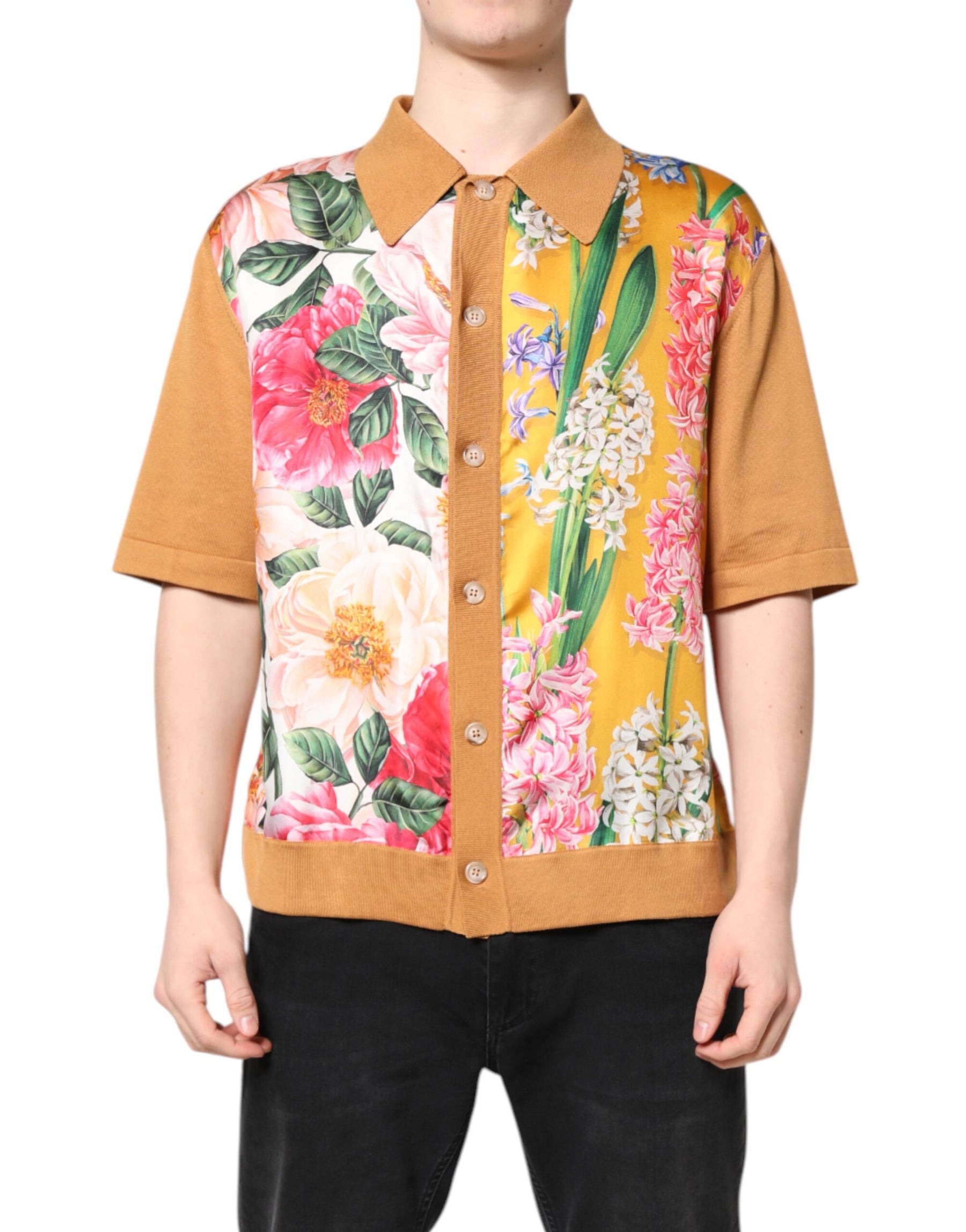 Dolce & Gabbana Brown Floral Collared Short Sleeve T-shirt | Regal Royce