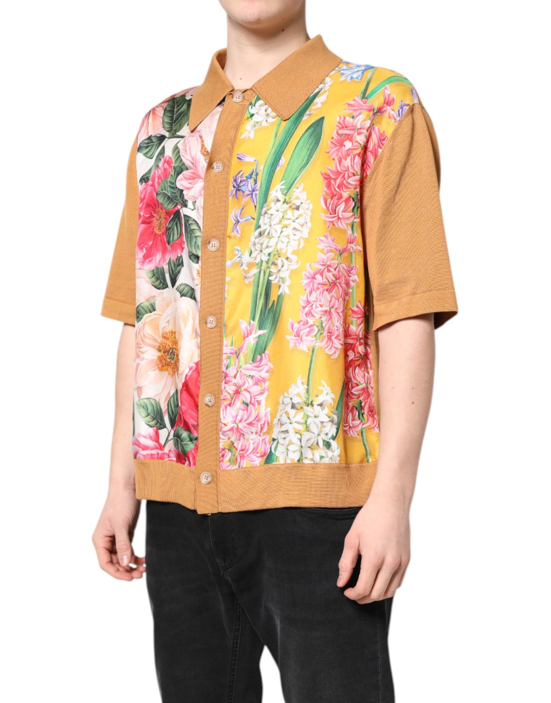 Dolce & Gabbana Brown Floral Collared Short Sleeve T-shirt | Regal Royce