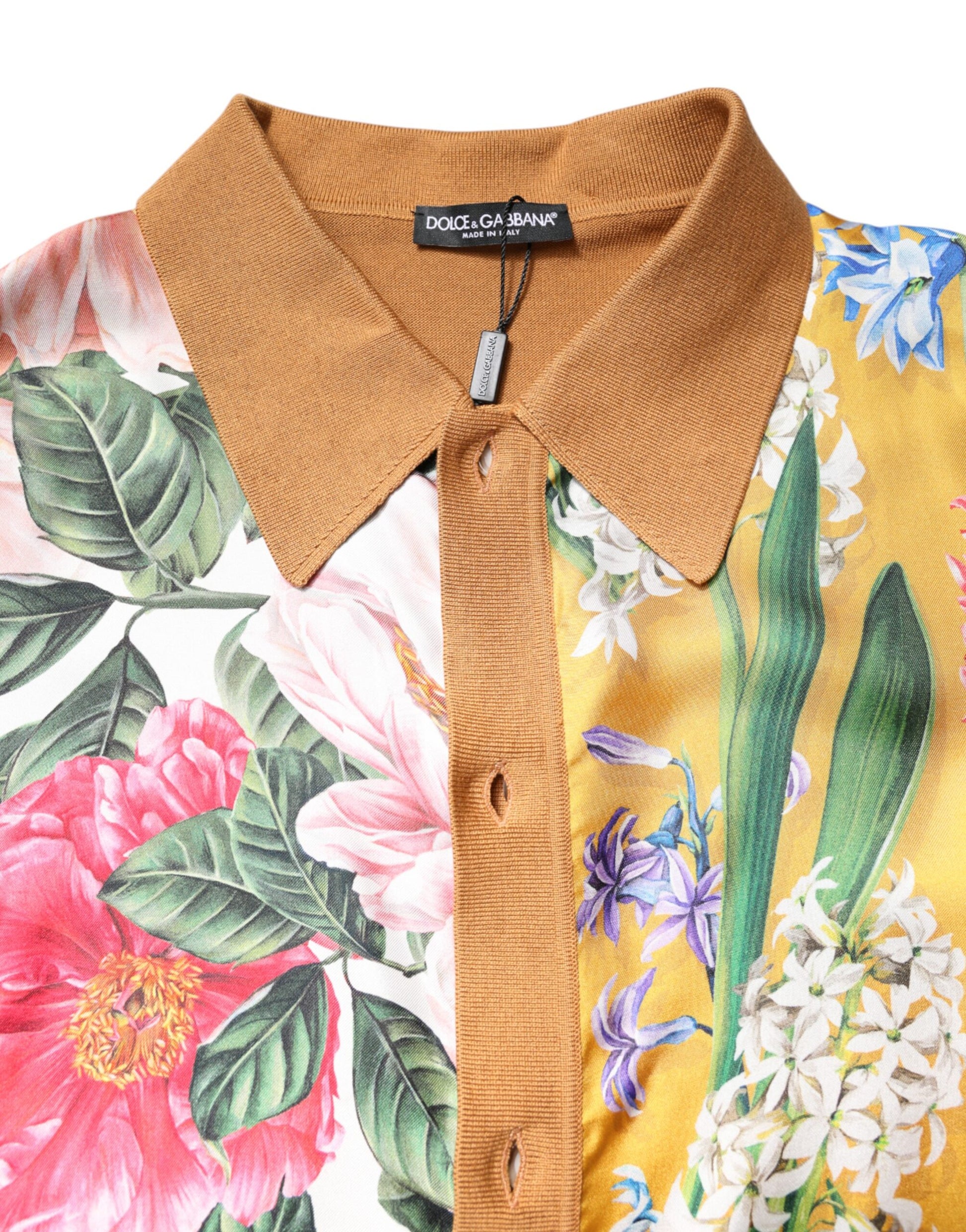 Dolce & Gabbana Brown Floral Collared Short Sleeve T-shirt