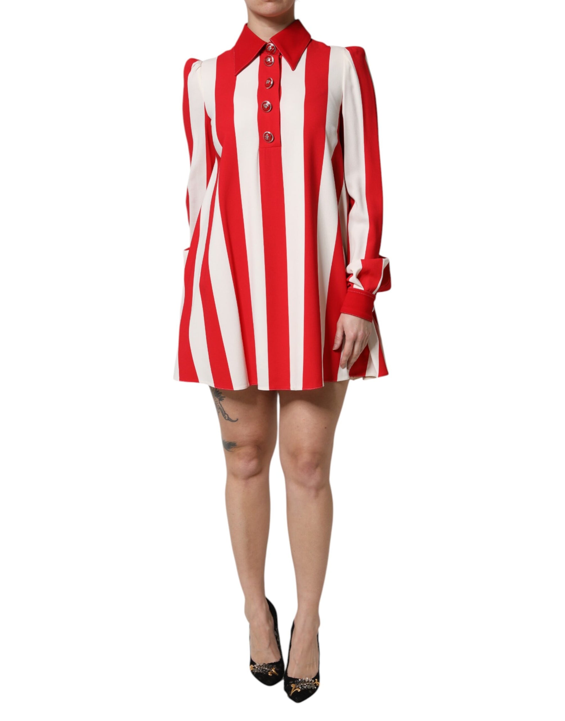 Dolce & Gabbana White Red Stripes Long Sleeves Mini Dress | Regal Royce