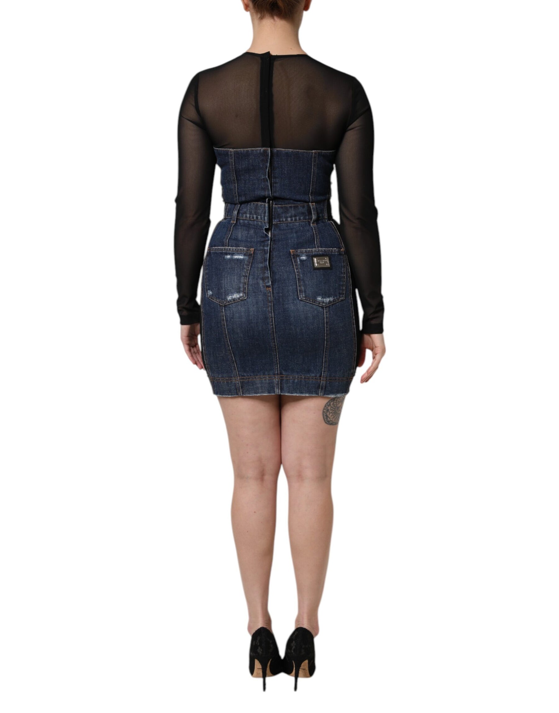 Dolce & Gabbana Black Blue Long Sleeves Denim Mini Dress | Regal Royce