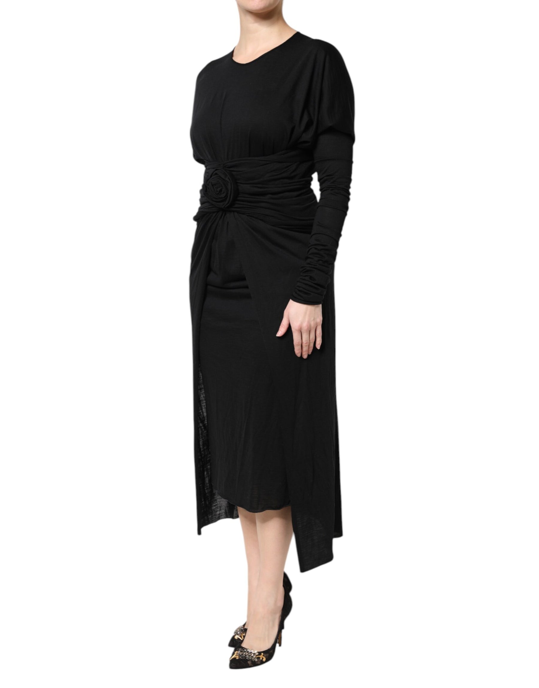Dolce & Gabbana Black Wool Long Sleeves Sheath Midi Dress | Regal Royce