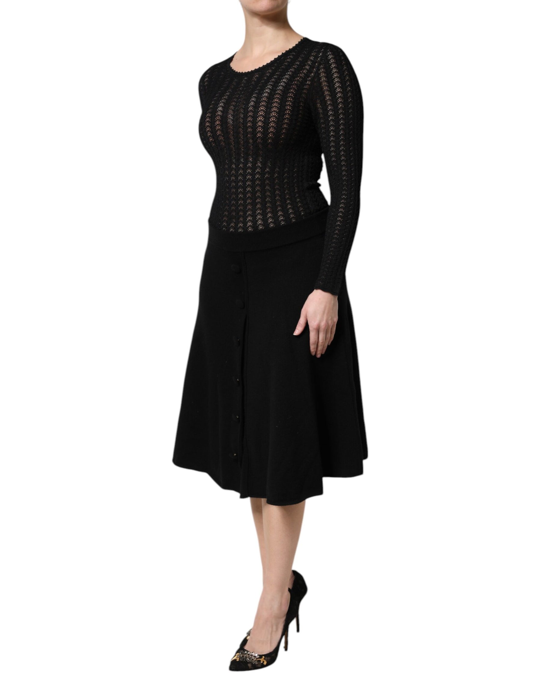 Dolce & Gabbana Black Cashmere Long Sleeves A-line Midi Dress | Regal Royce
