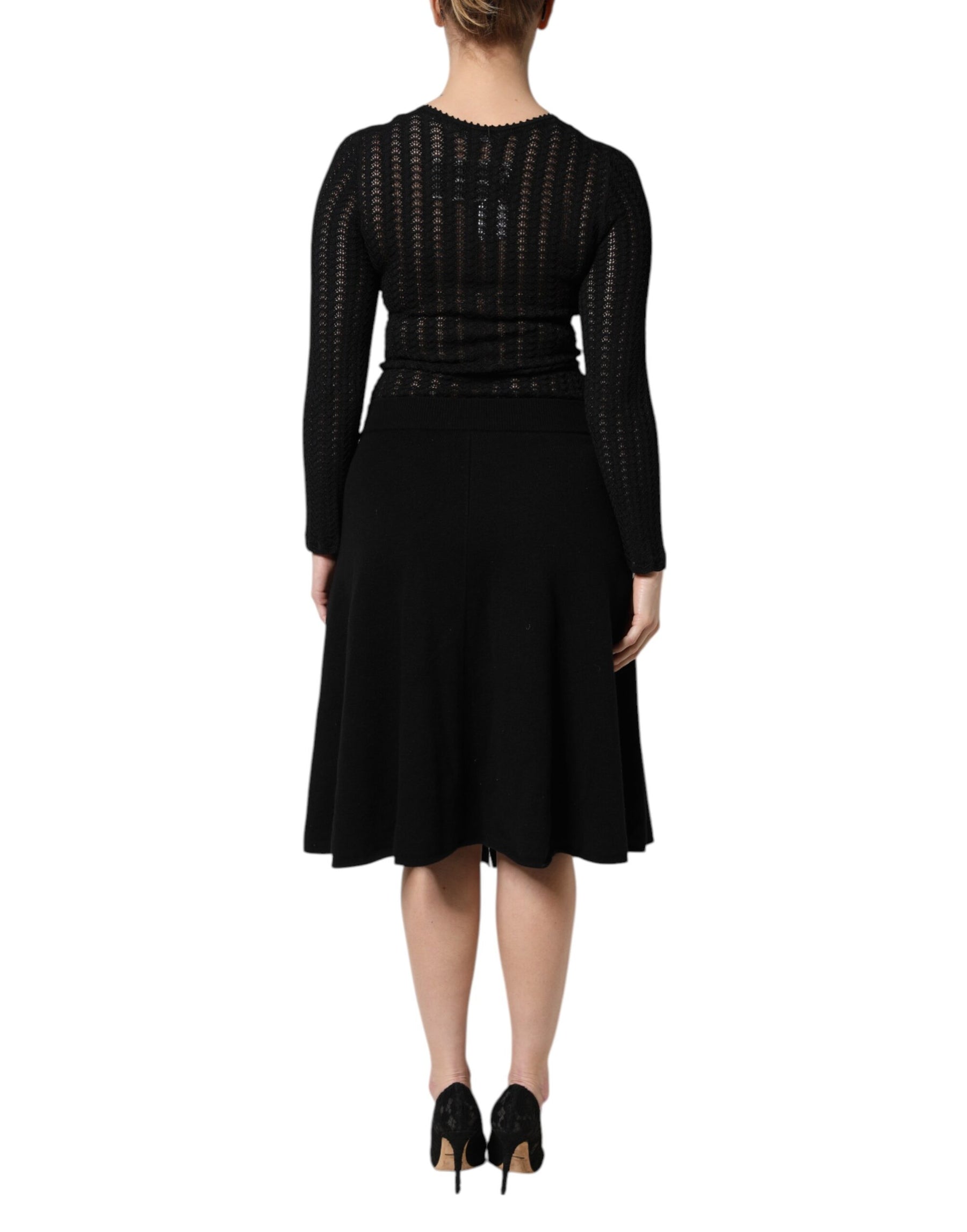 Dolce & Gabbana Black Cashmere Long Sleeves A-line Midi Dress | Regal Royce