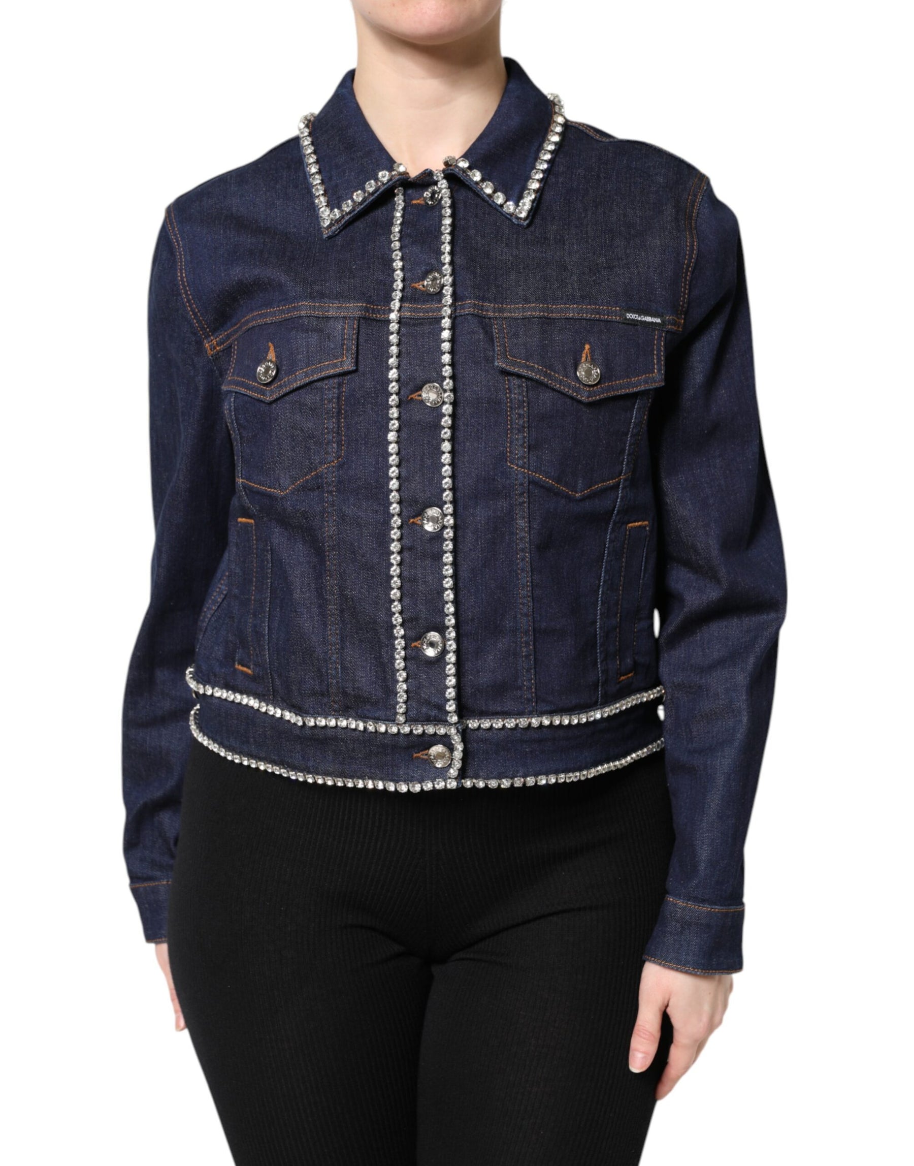 Dolce & Gabbana Blue Denim Cotton Crystal Embellished Jacket | Regal Royce