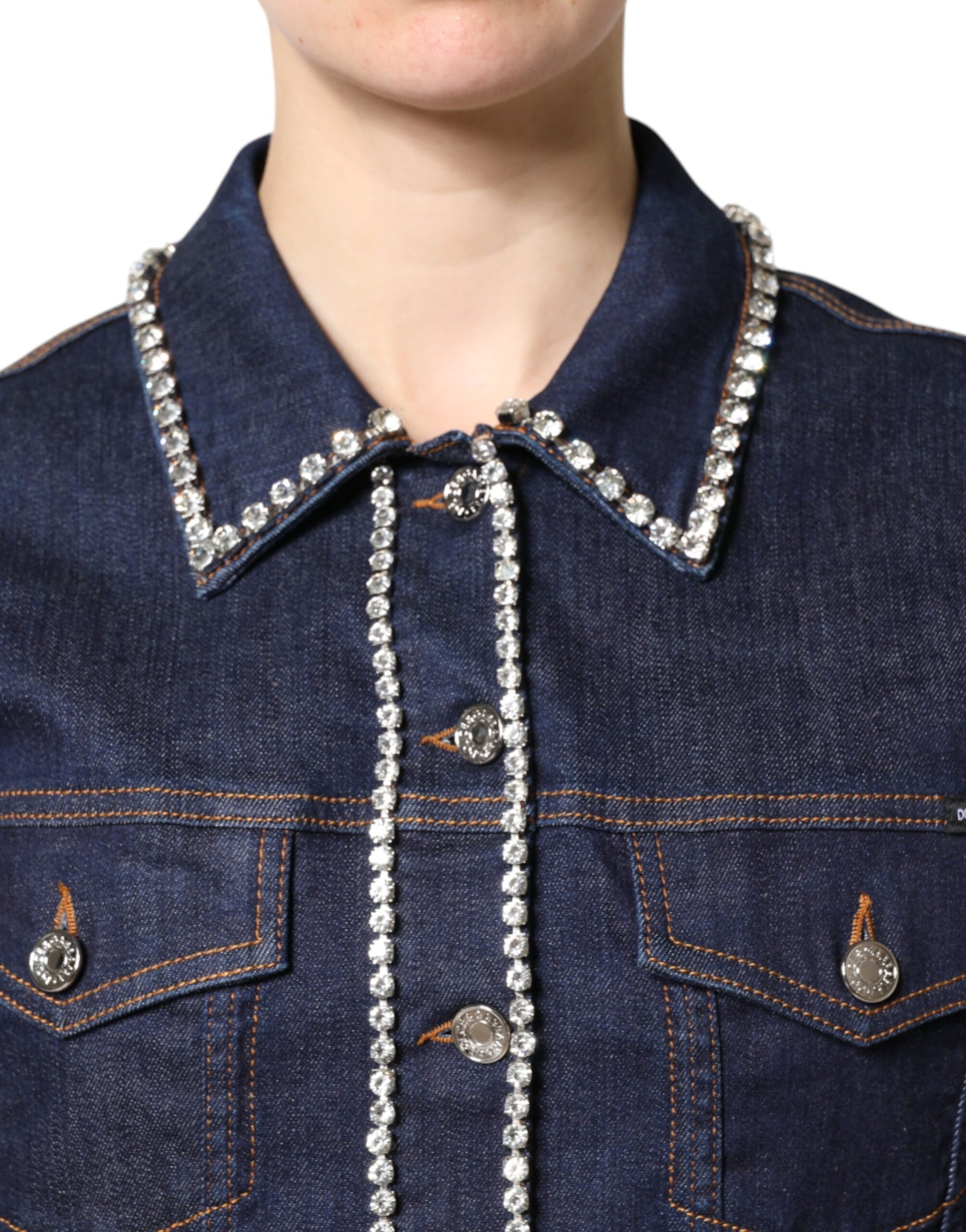 Dolce & Gabbana Blue Denim Cotton Crystal Embellished Jacket | Regal Royce