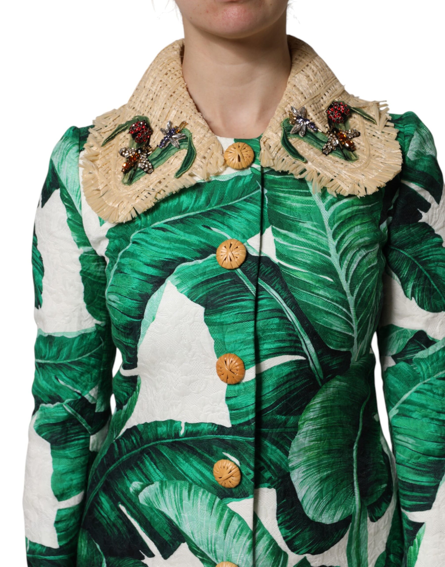 Dolce & Gabbana Multicolor Leaf Print Embellished Trenchcoat Jacket | Regal Royce