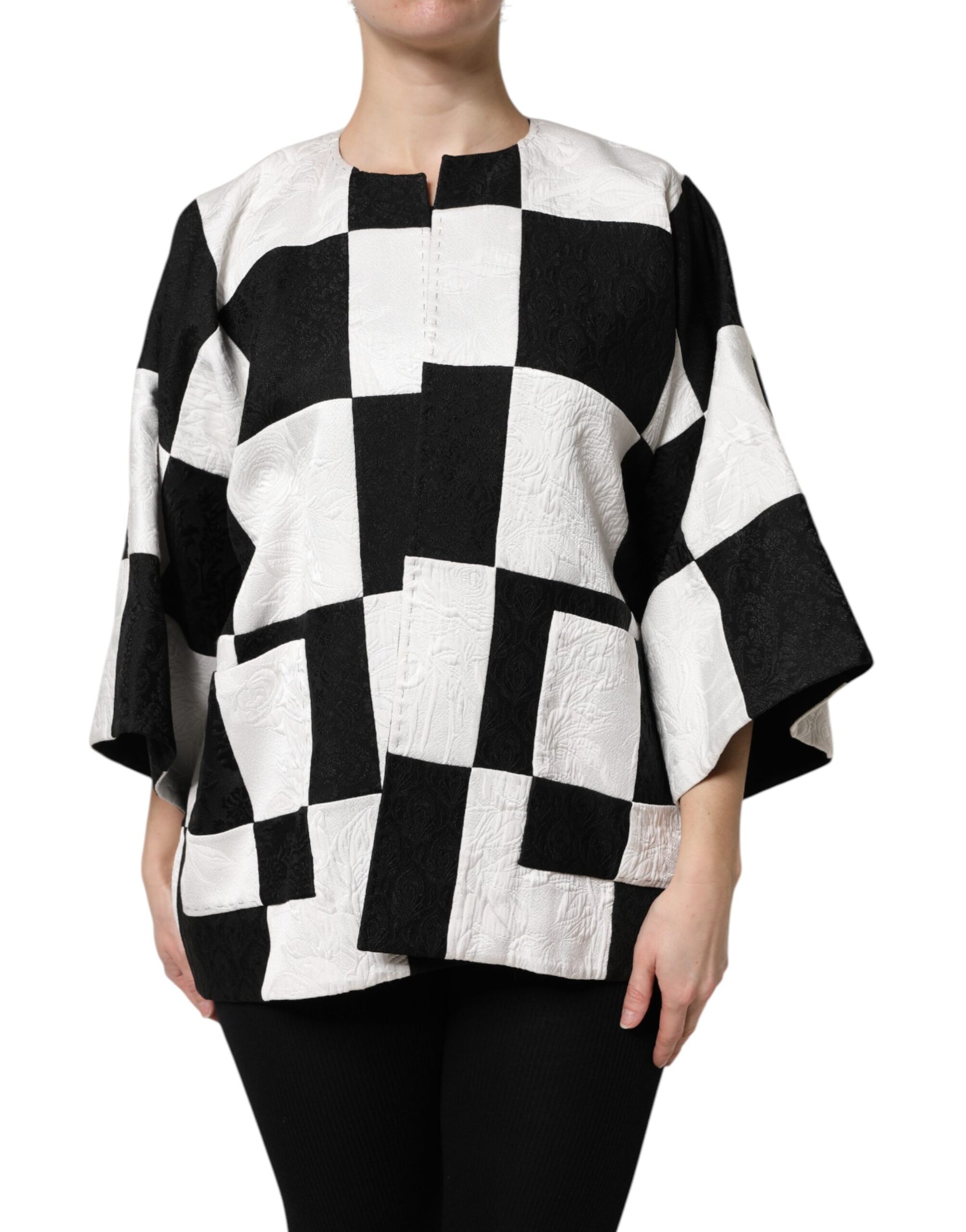 Dolce & Gabbana White Black Patchwork Jacquard Blazer Jacket | Regal Royce