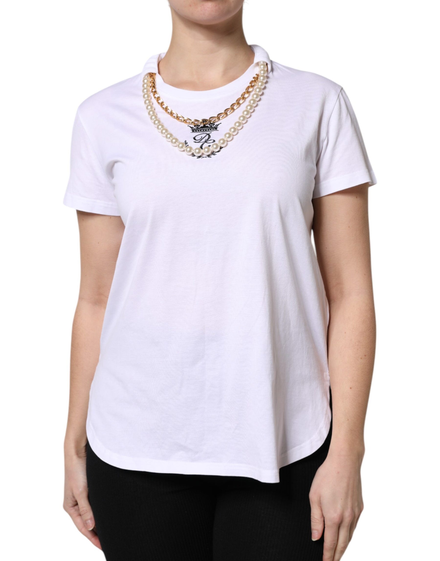 Dolce & Gabbana White Chain Pearl Cotton Round Neck T-shirt | Regal Royce