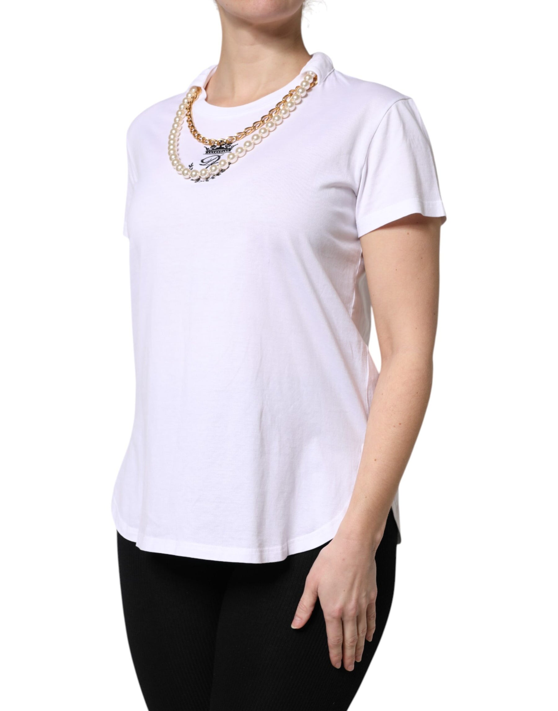 Dolce & Gabbana White Chain Pearl Cotton Round Neck T-shirt | Regal Royce
