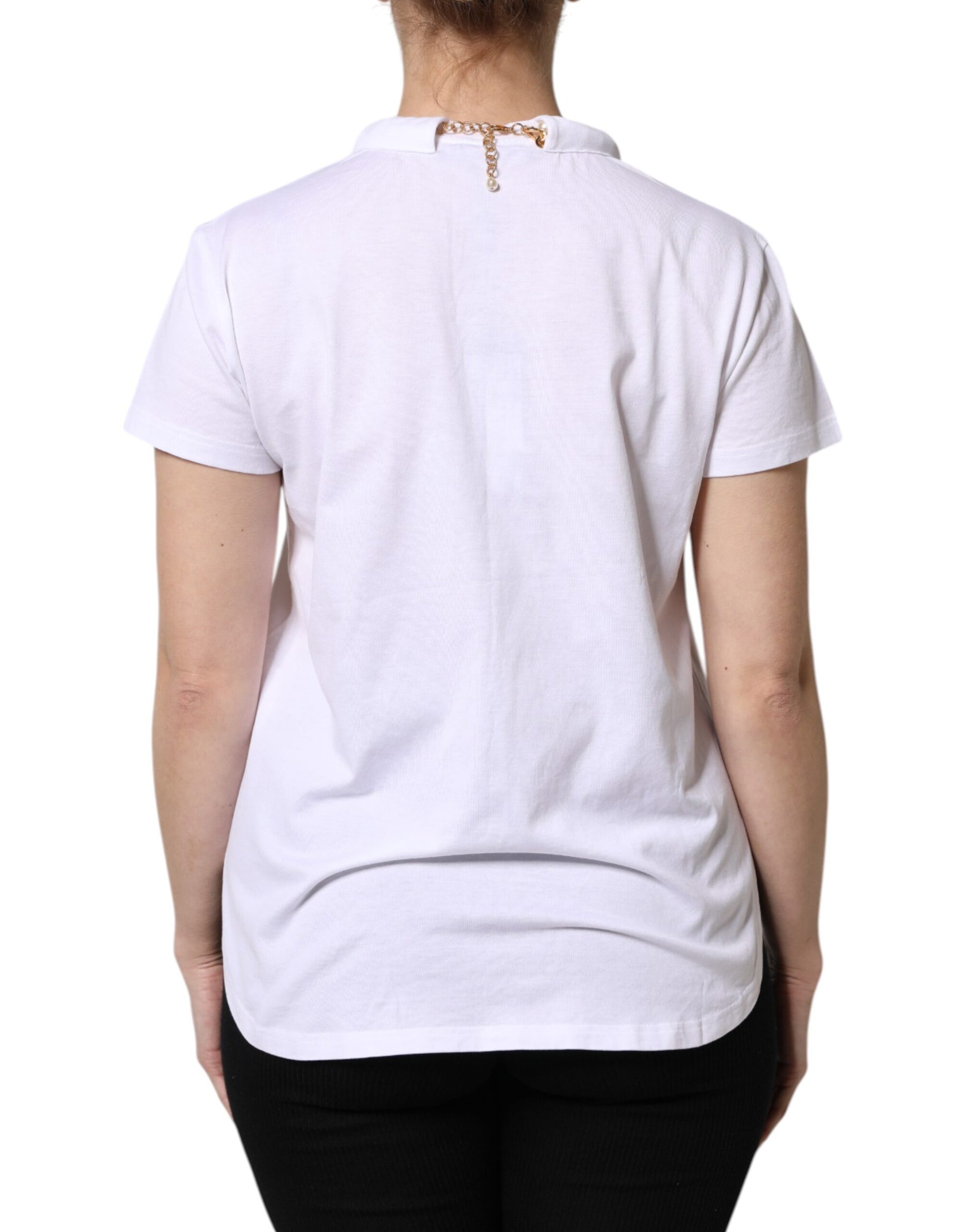 Dolce & Gabbana White Chain Pearl Cotton Round Neck T-shirt | Regal Royce