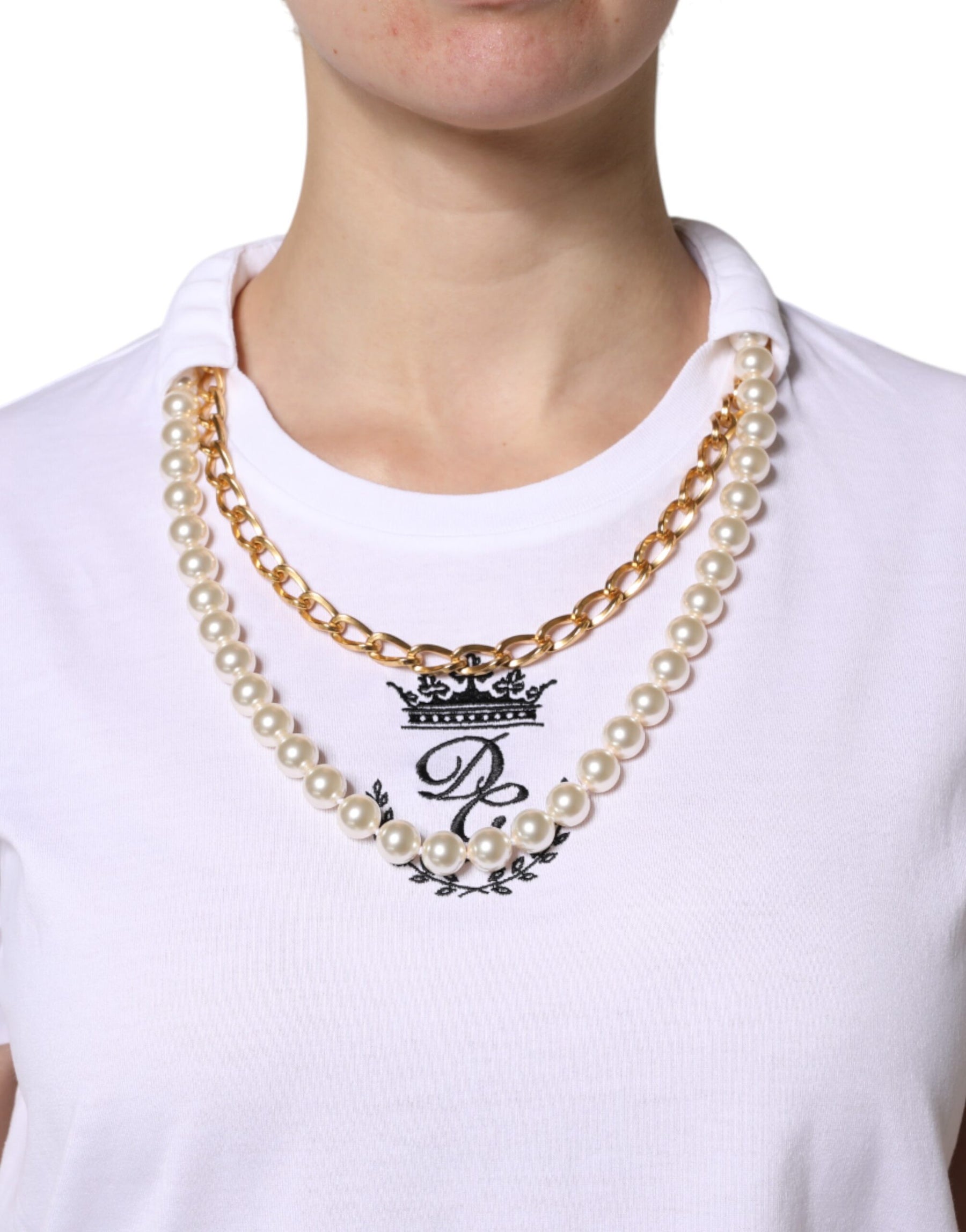 Dolce & Gabbana White Chain Pearl Cotton Round Neck T-shirt | Regal Royce