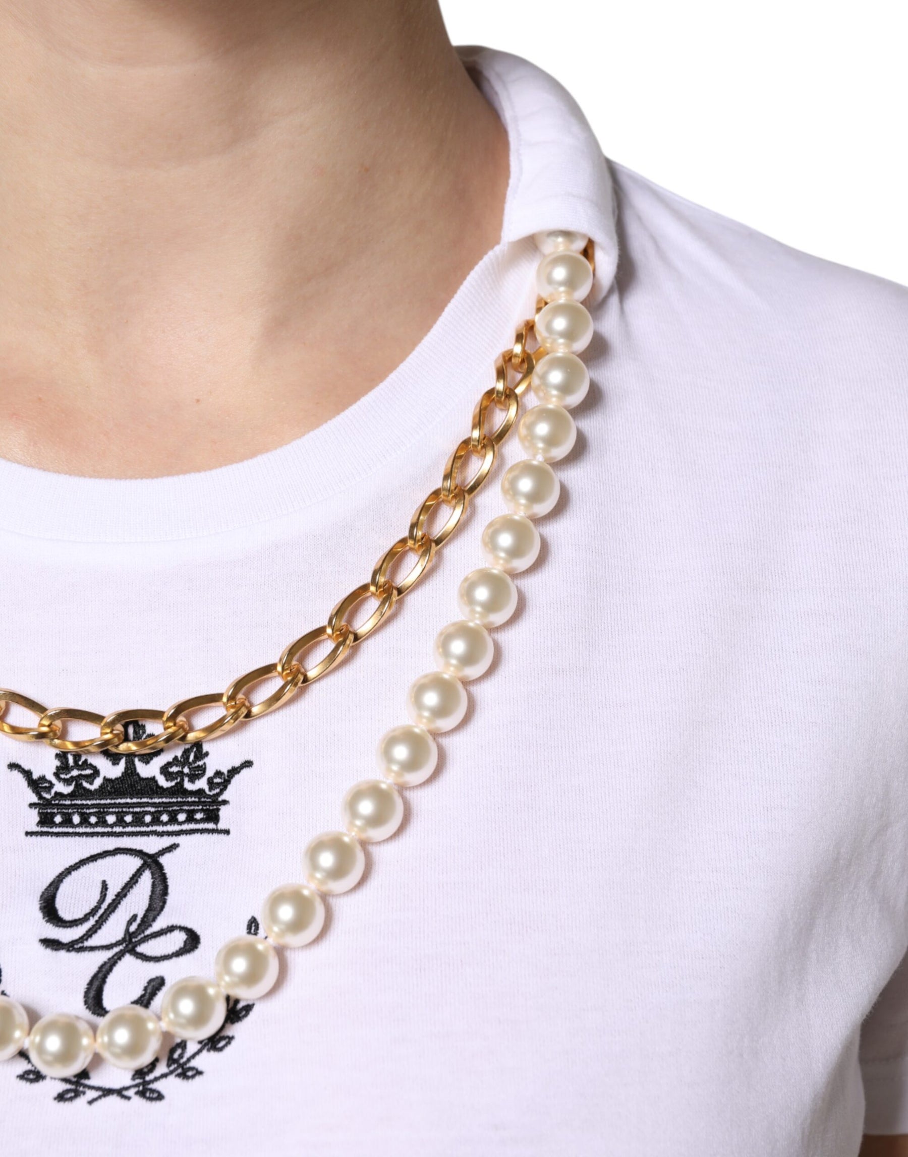 Dolce & Gabbana White Chain Pearl Cotton Round Neck T-shirt | Regal Royce