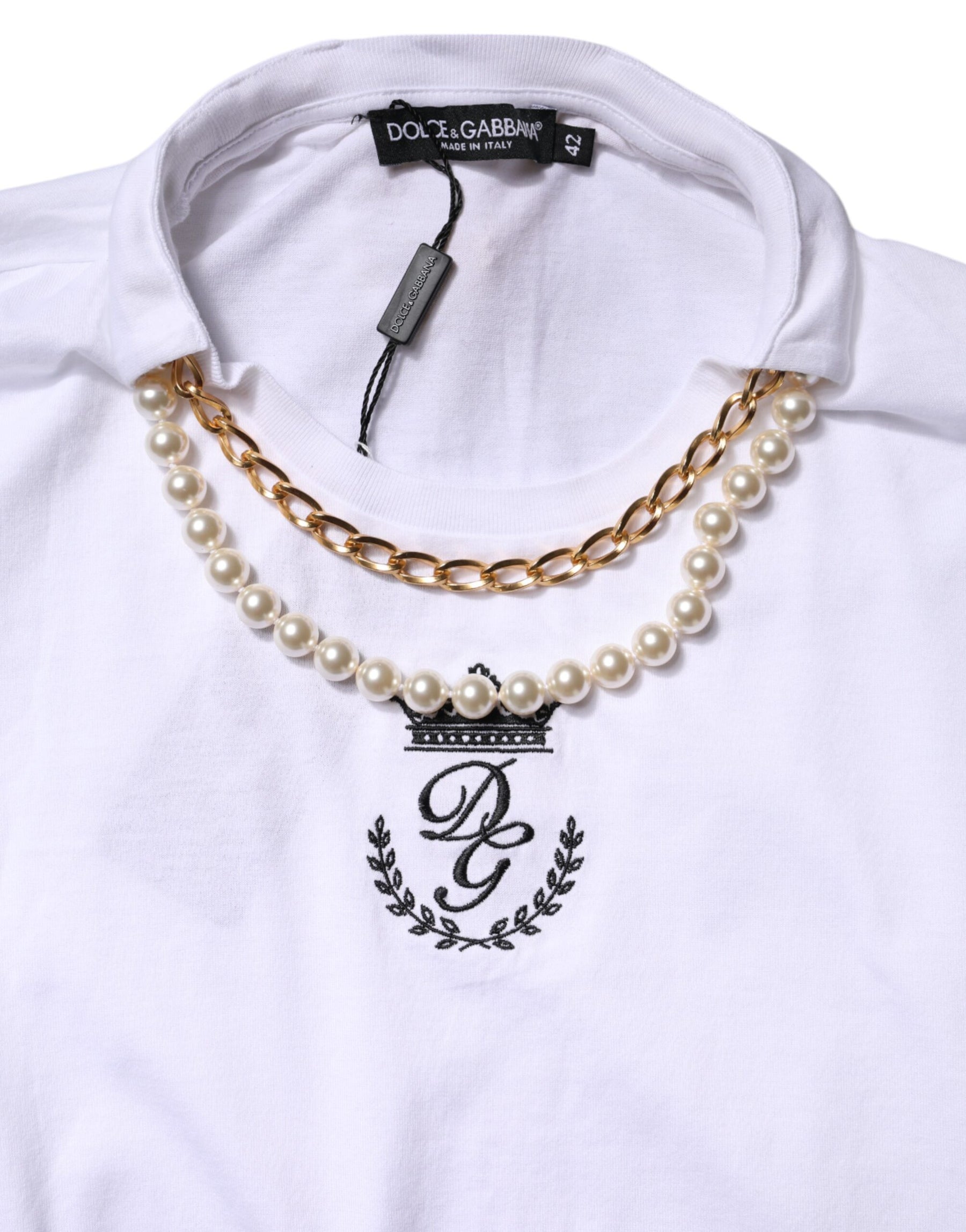 Dolce & Gabbana White Chain Pearl Cotton Round Neck T-shirt | Regal Royce