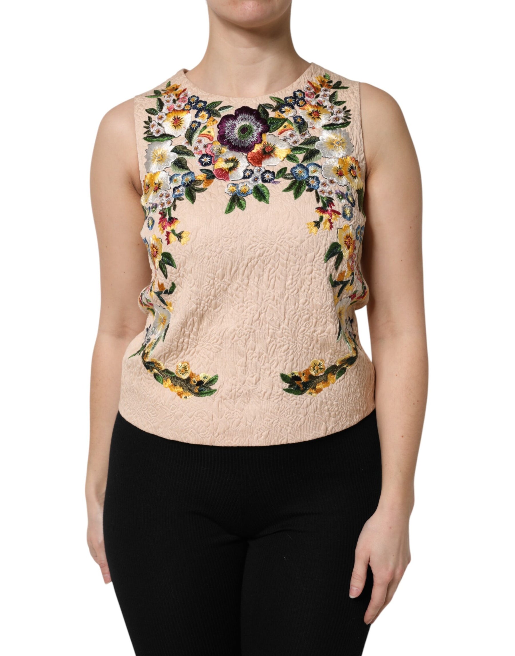 Dolce & Gabbana Beige Floral Embroidery Sleeveless Tank Top | Regal Royce