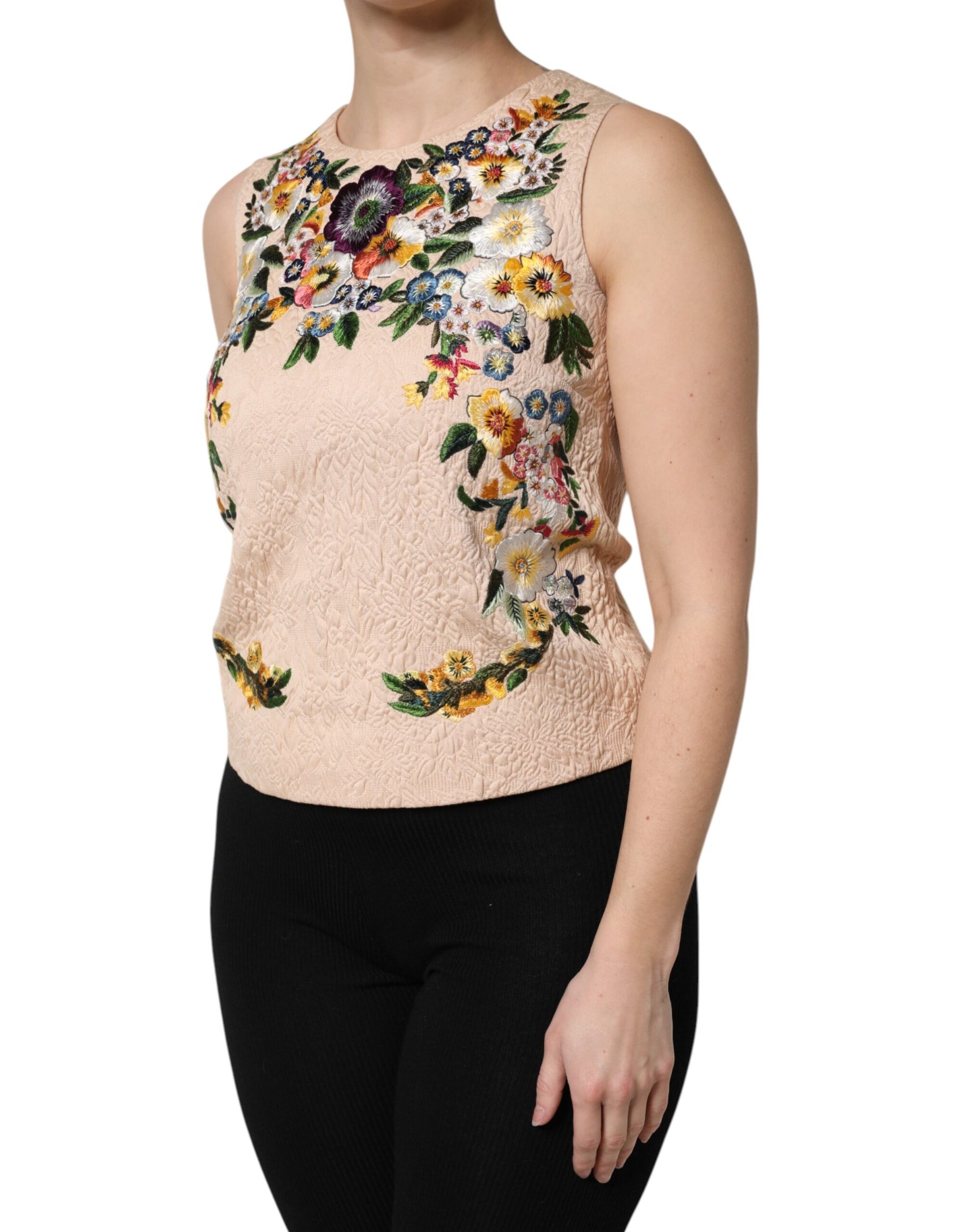 Dolce & Gabbana Beige Floral Embroidery Sleeveless Tank Top | Regal Royce