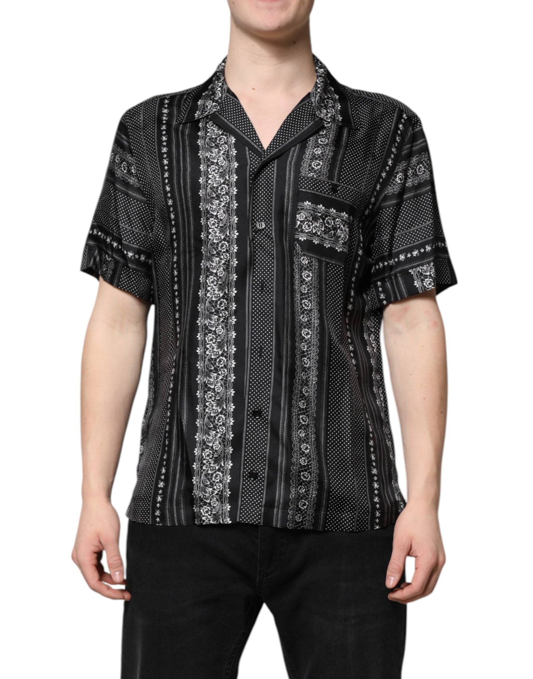 Dolce & Gabbana Black Silk Floral Print Short Sleeves Shirt | Regal Royce