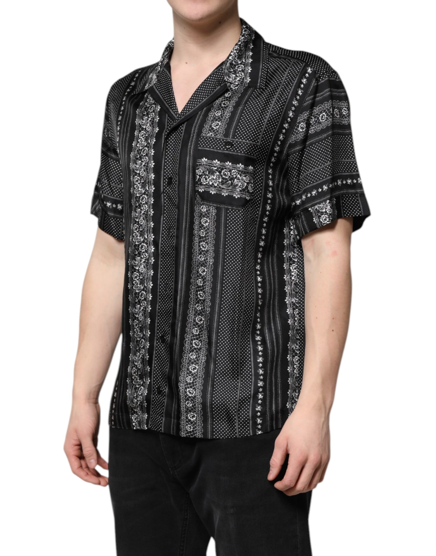 Dolce & Gabbana Black Silk Floral Print Short Sleeves Shirt | Regal Royce