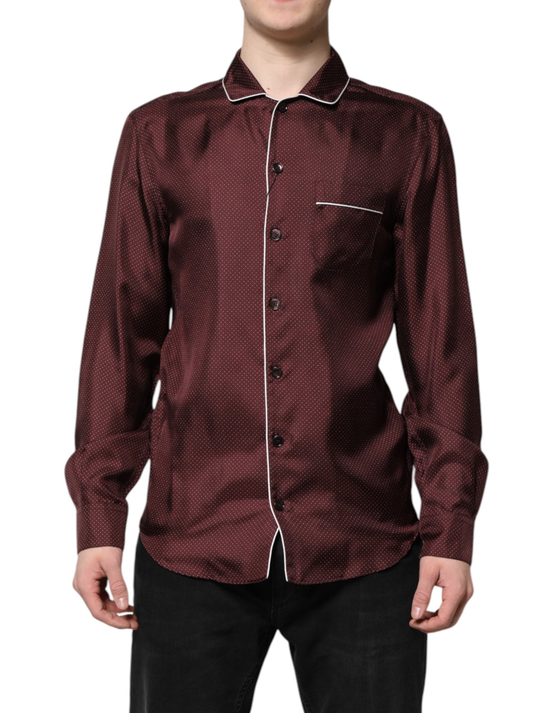 Dolce & Gabbana Burgundy Silk Dotted Long Sleeves Shirt | Regal Royce