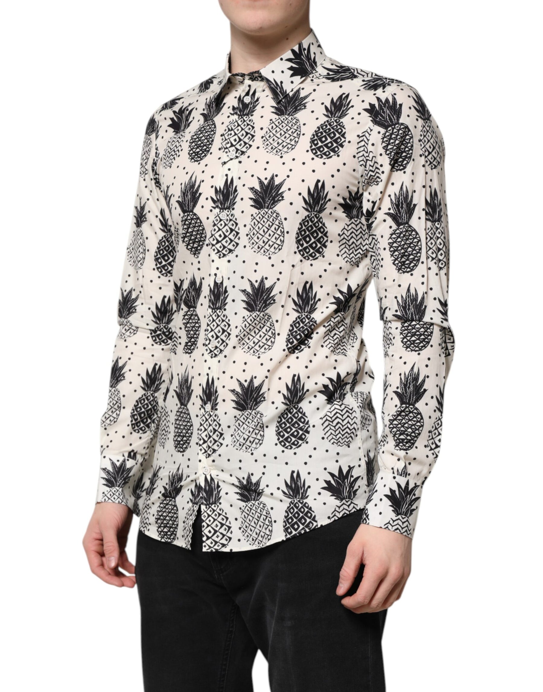 Dolce & Gabbana White Pineapple Print Long Sleeve GOLD Shirt | Regal Royce