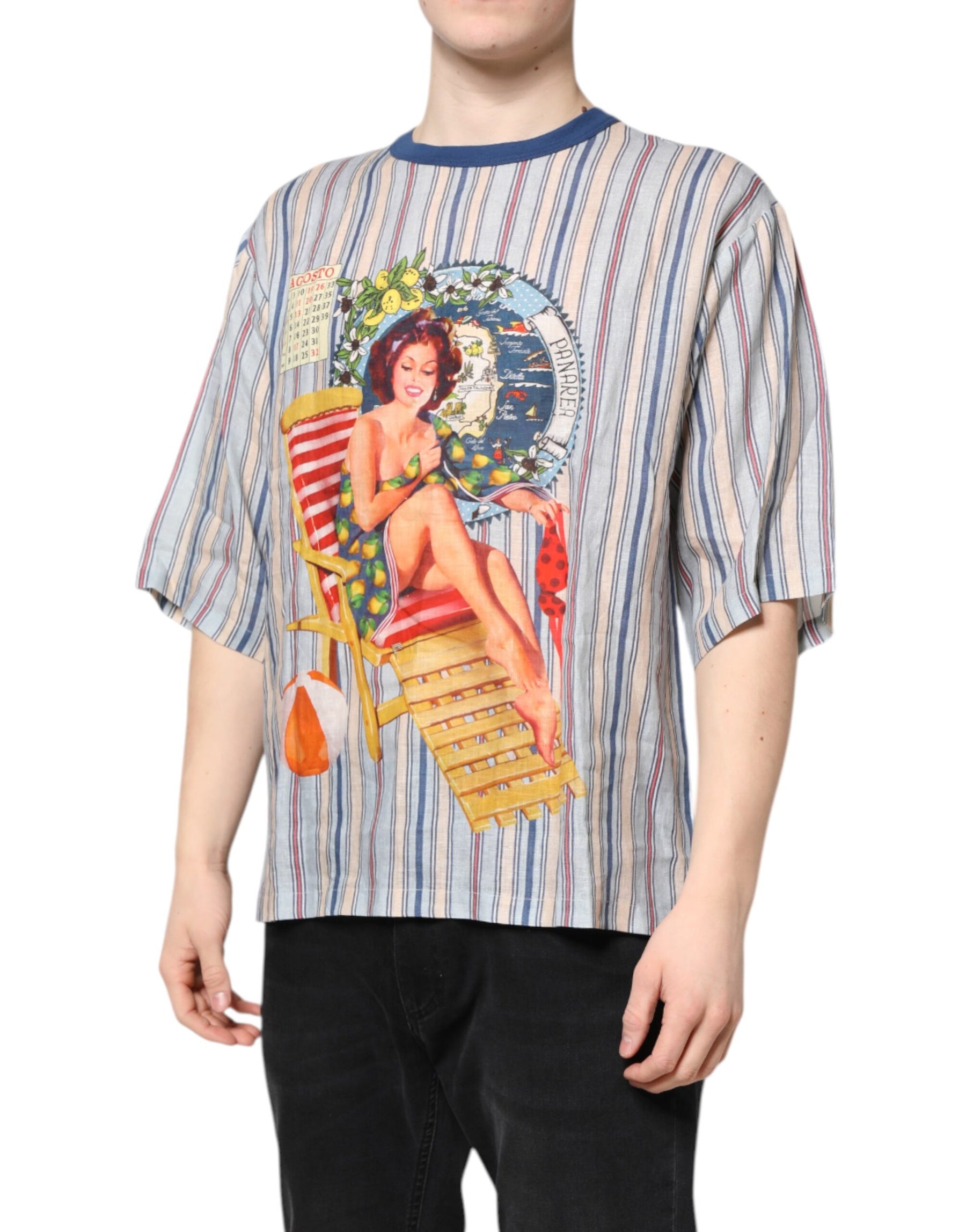 Dolce & Gabbana Multicolor Striped Pin Up Linen Round Neck T-shirt | Regal Royce