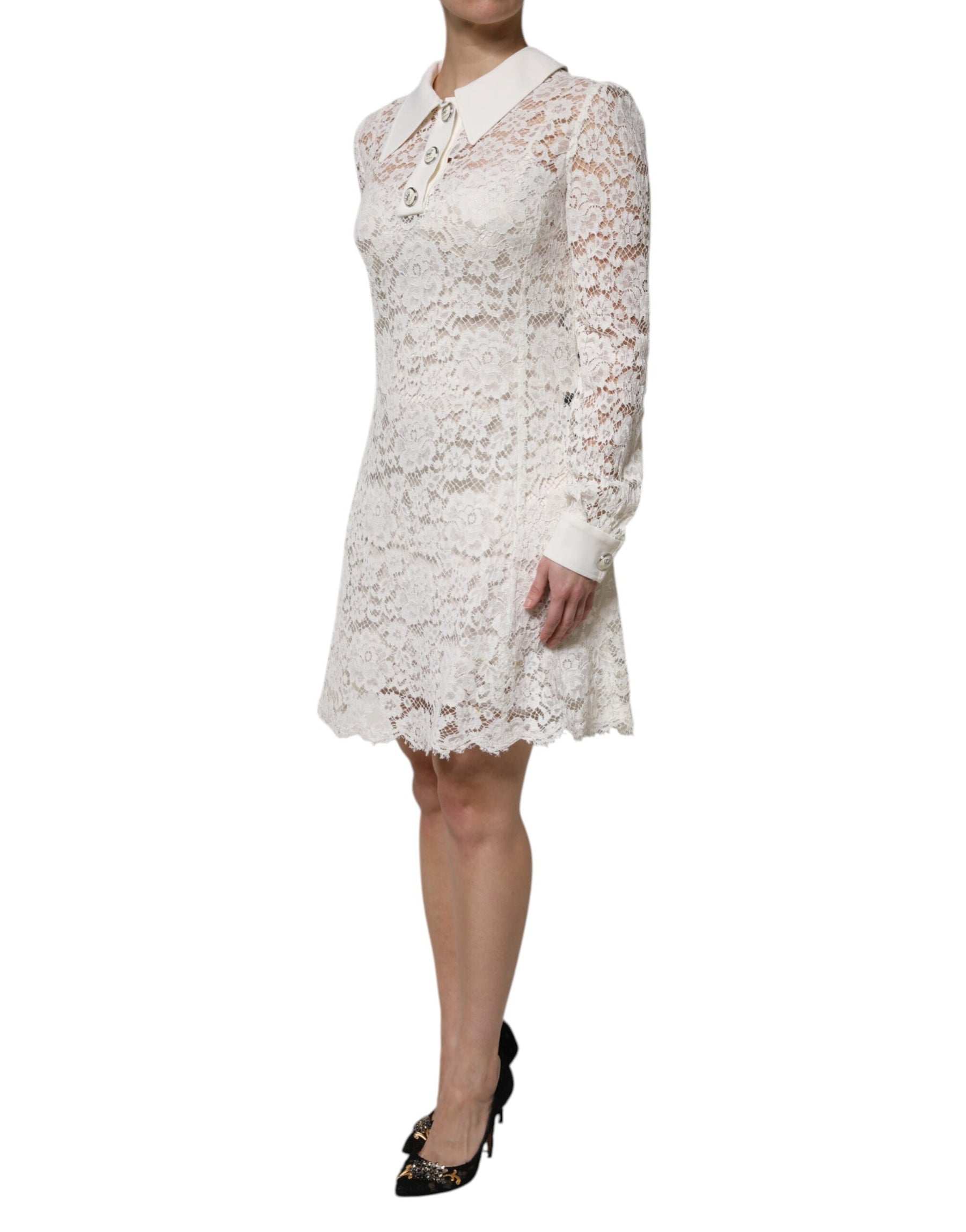 Dolce & Gabbana White Floral Lace Long Sleeves A-line Dress | Regal Royce