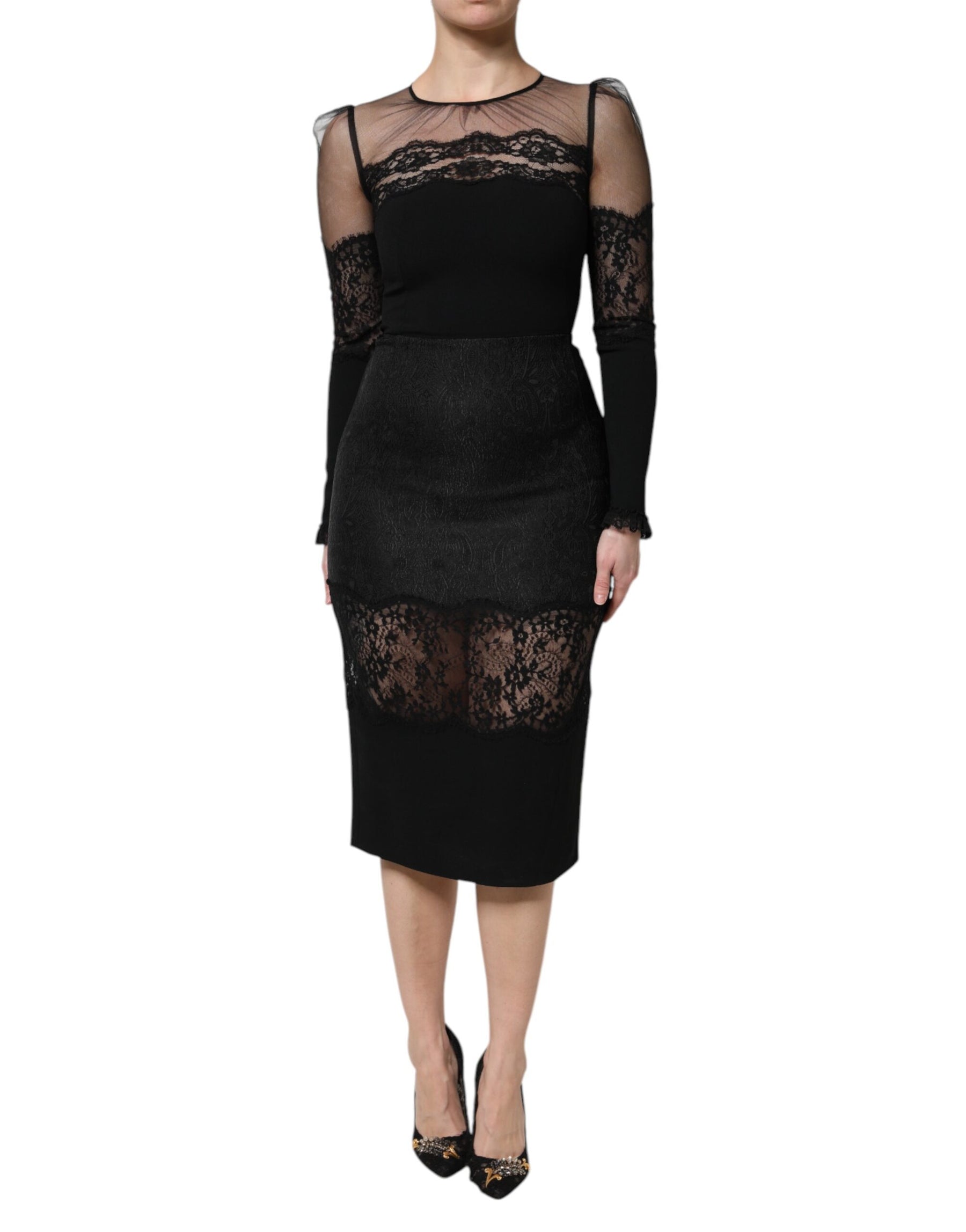 Dolce & Gabbana Black Lace Trim Nylon Tulle Sheath Midi Dress | Regal Royce