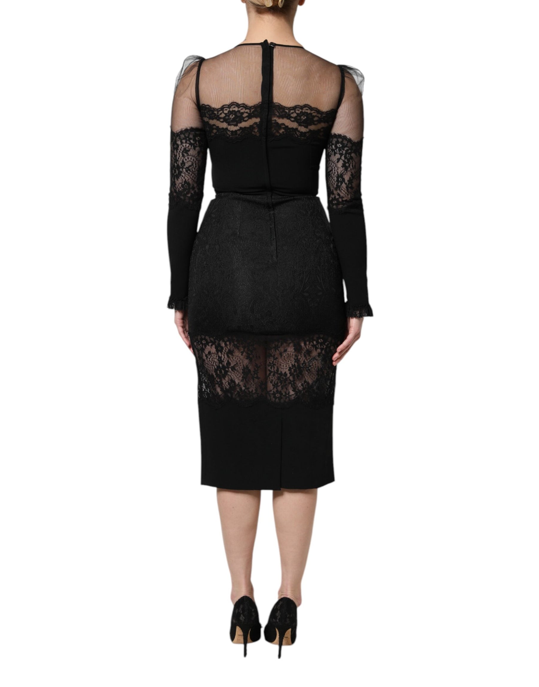 Dolce & Gabbana Black Lace Trim Nylon Tulle Sheath Midi Dress | Regal Royce