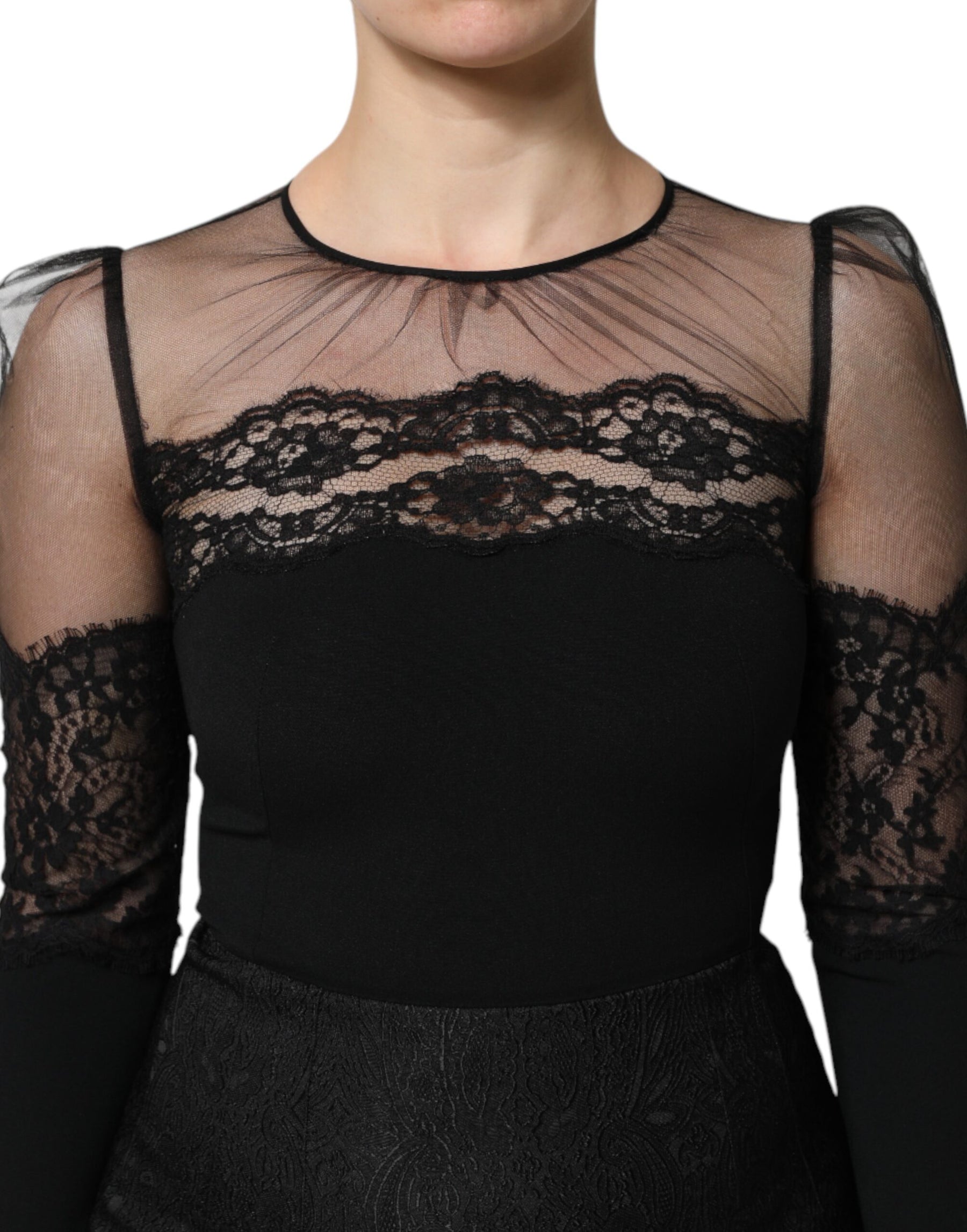 Dolce & Gabbana Black Lace Trim Nylon Tulle Sheath Midi Dress | Regal Royce