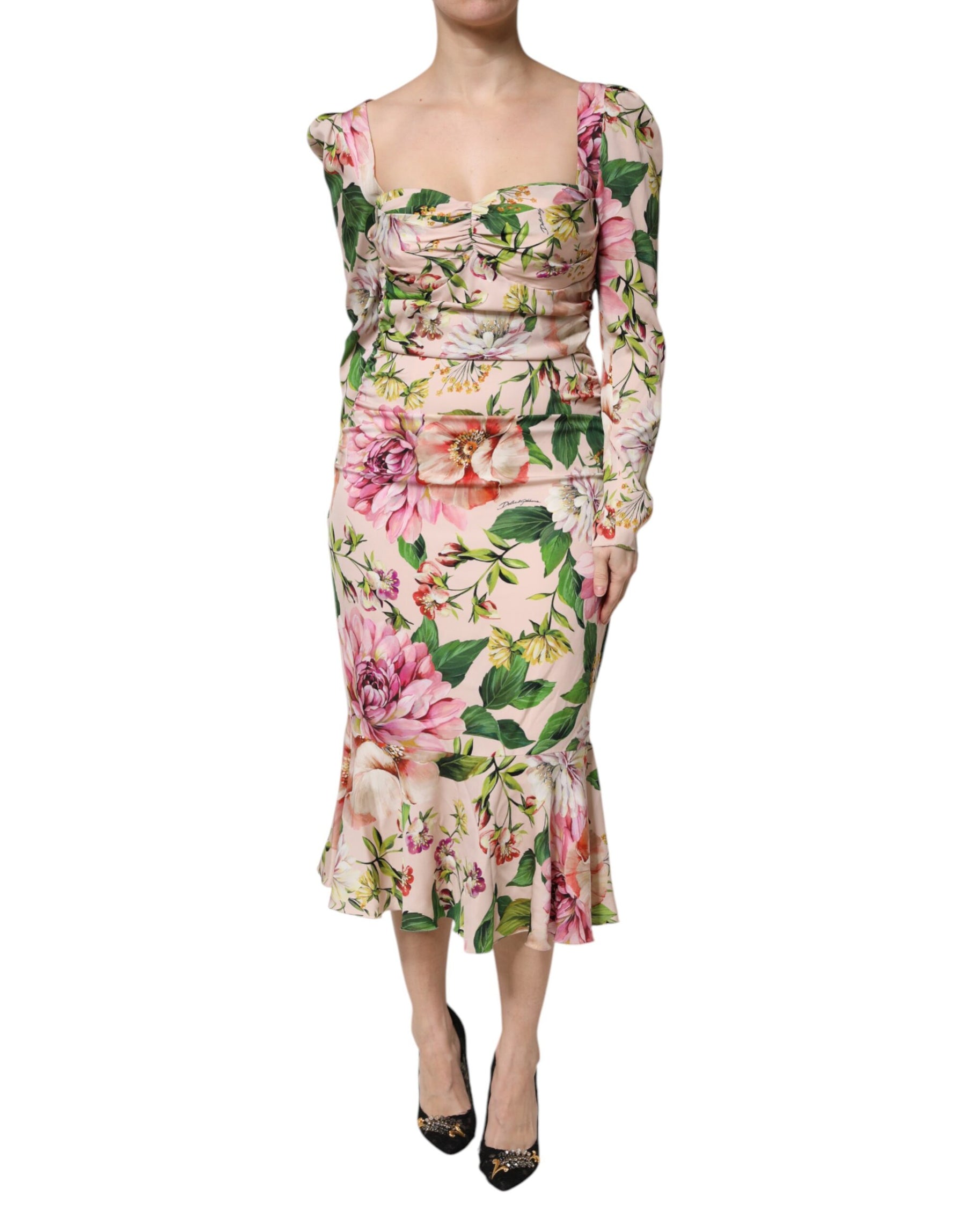 Dolce & Gabbana Pink Floral Silk Fit And Flared Midi Dress | Regal Royce