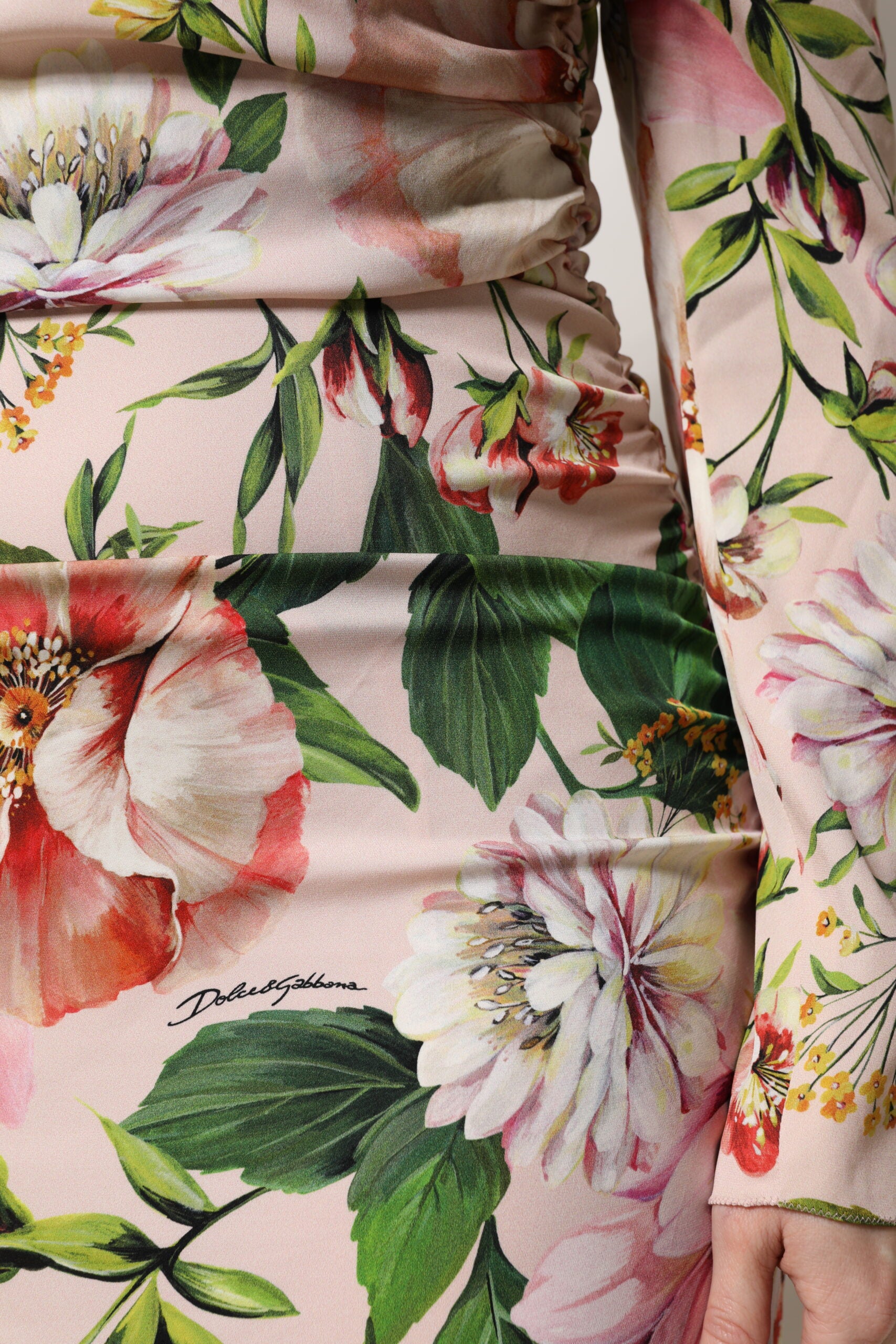 Dolce & Gabbana Pink Floral Silk Fit And Flared Midi Dress | Regal Royce