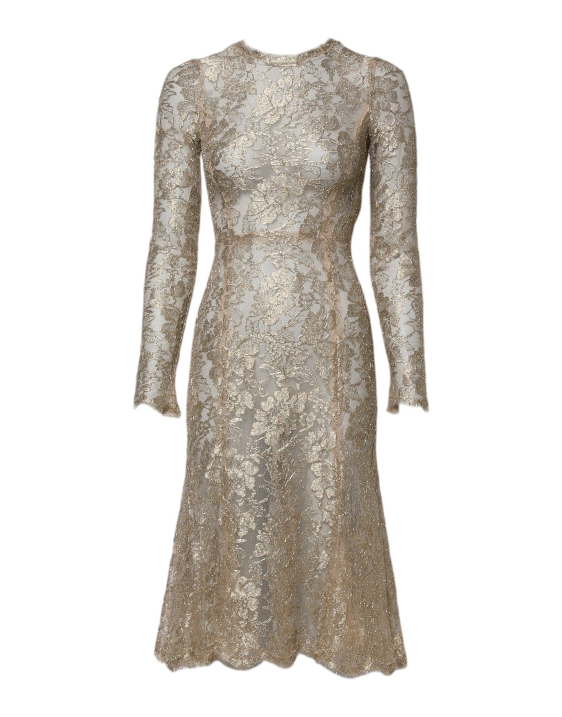 Dolce & Gabbana Gold Floral Lace Long Sleeves Fit & Flare Dress | Regal Royce