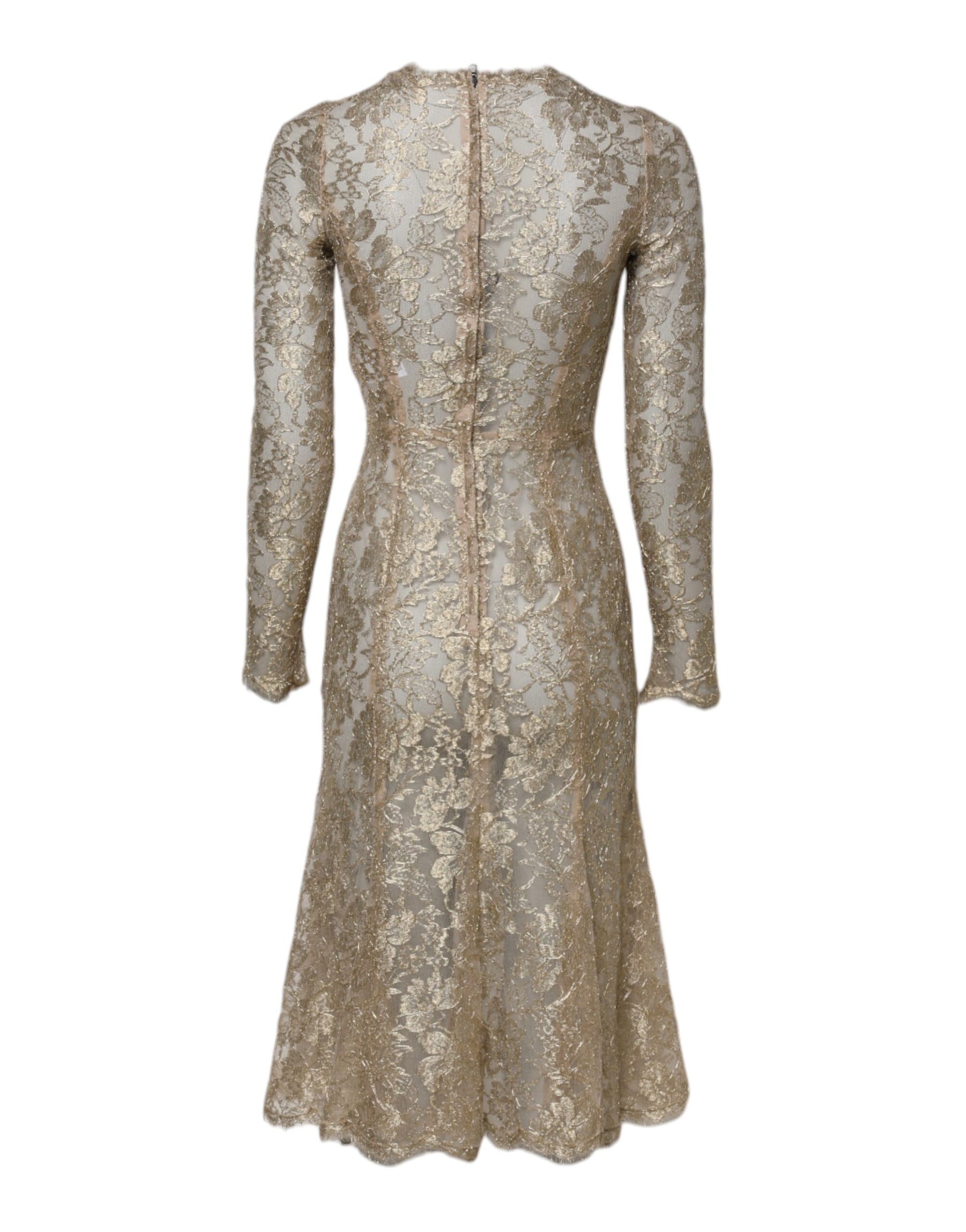 Dolce & Gabbana Gold Floral Lace Long Sleeves Fit & Flare Dress | Regal Royce