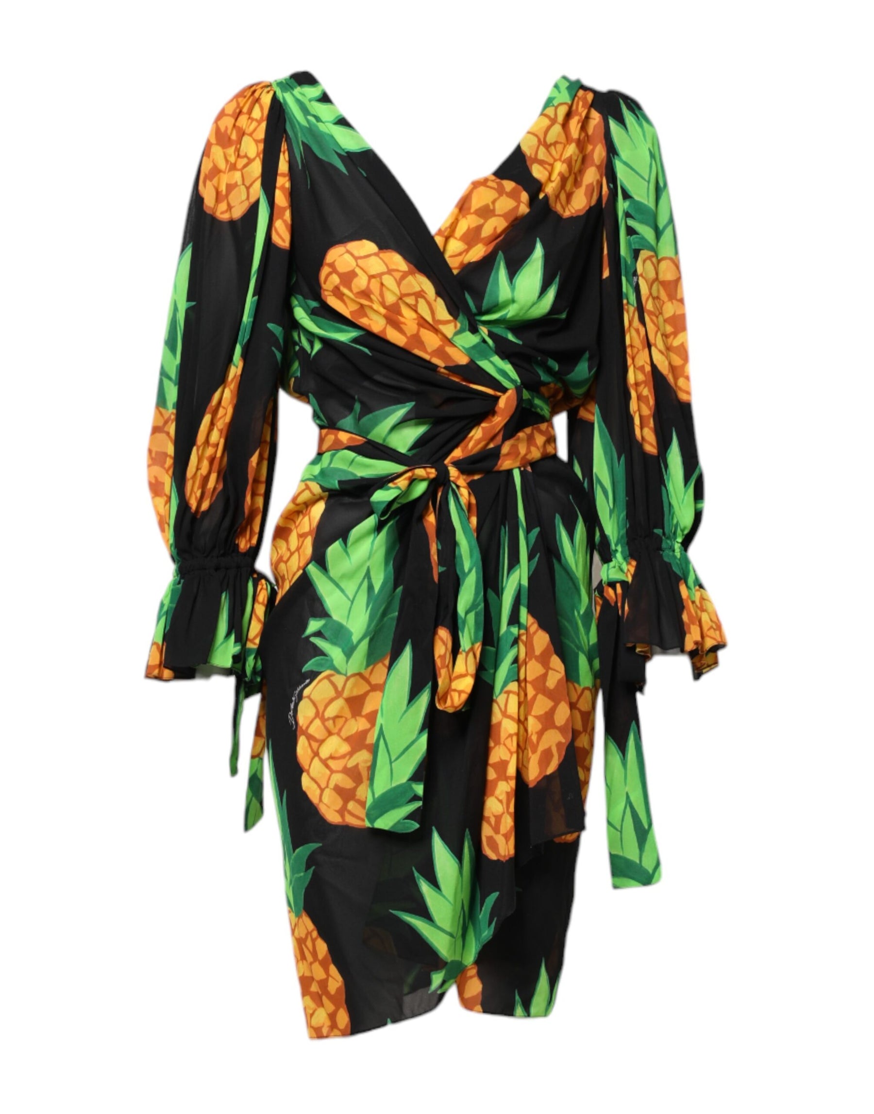Dolce & Gabbana Black Pineapple Print Silk Wrap Mini Dress | Regal Royce