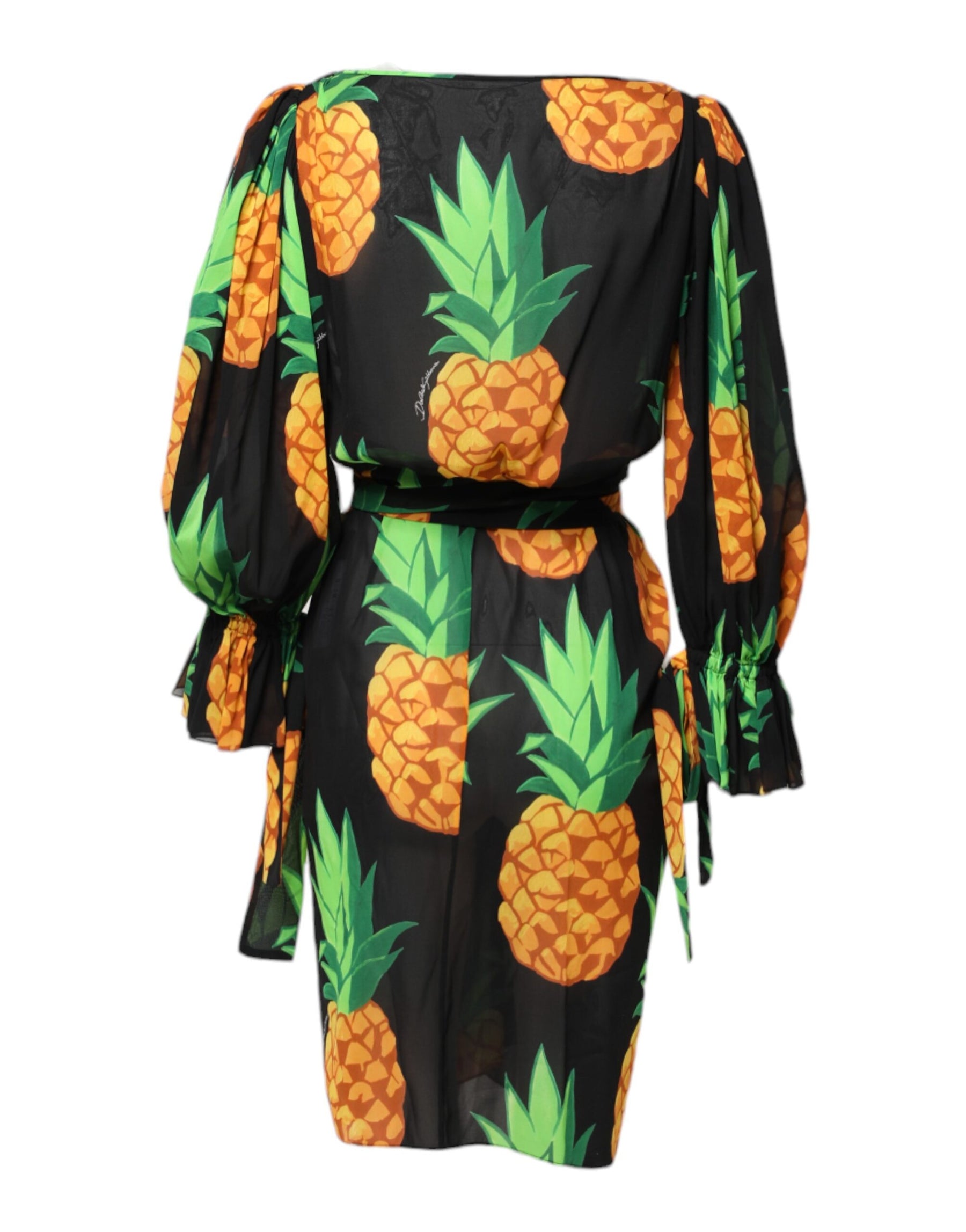 Dolce & Gabbana Black Pineapple Print Silk Wrap Mini Dress | Regal Royce