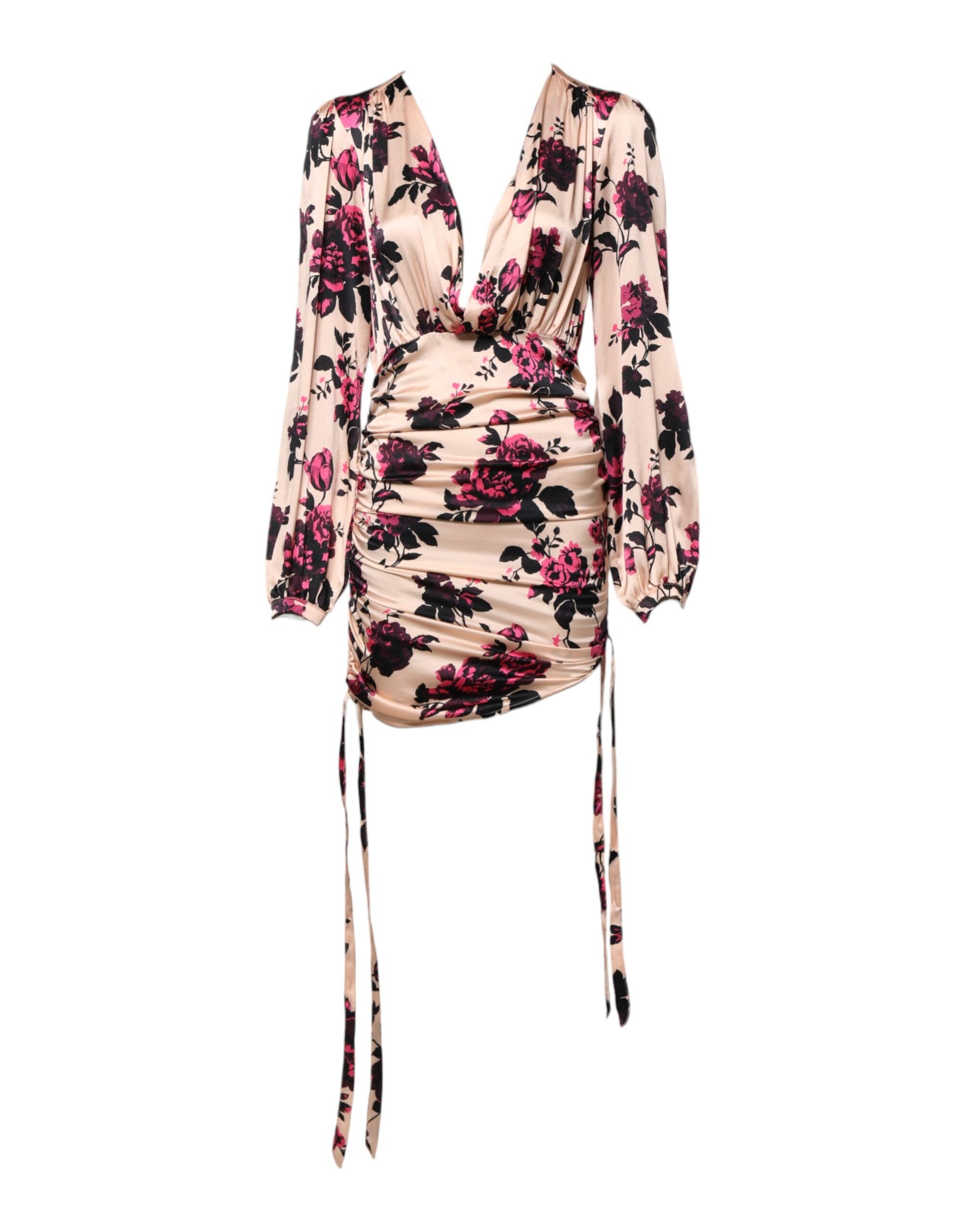 Laneus Pink Floral Silk Long Sleeves V-neck Ruched Mini Dress | Regal Royce