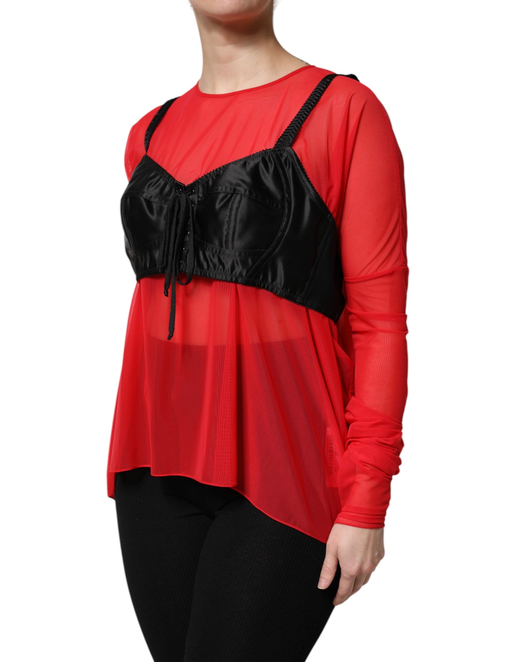 Dolce & Gabbana Red Black Bustier Detailing Long Sleeves Top | Regal Royce