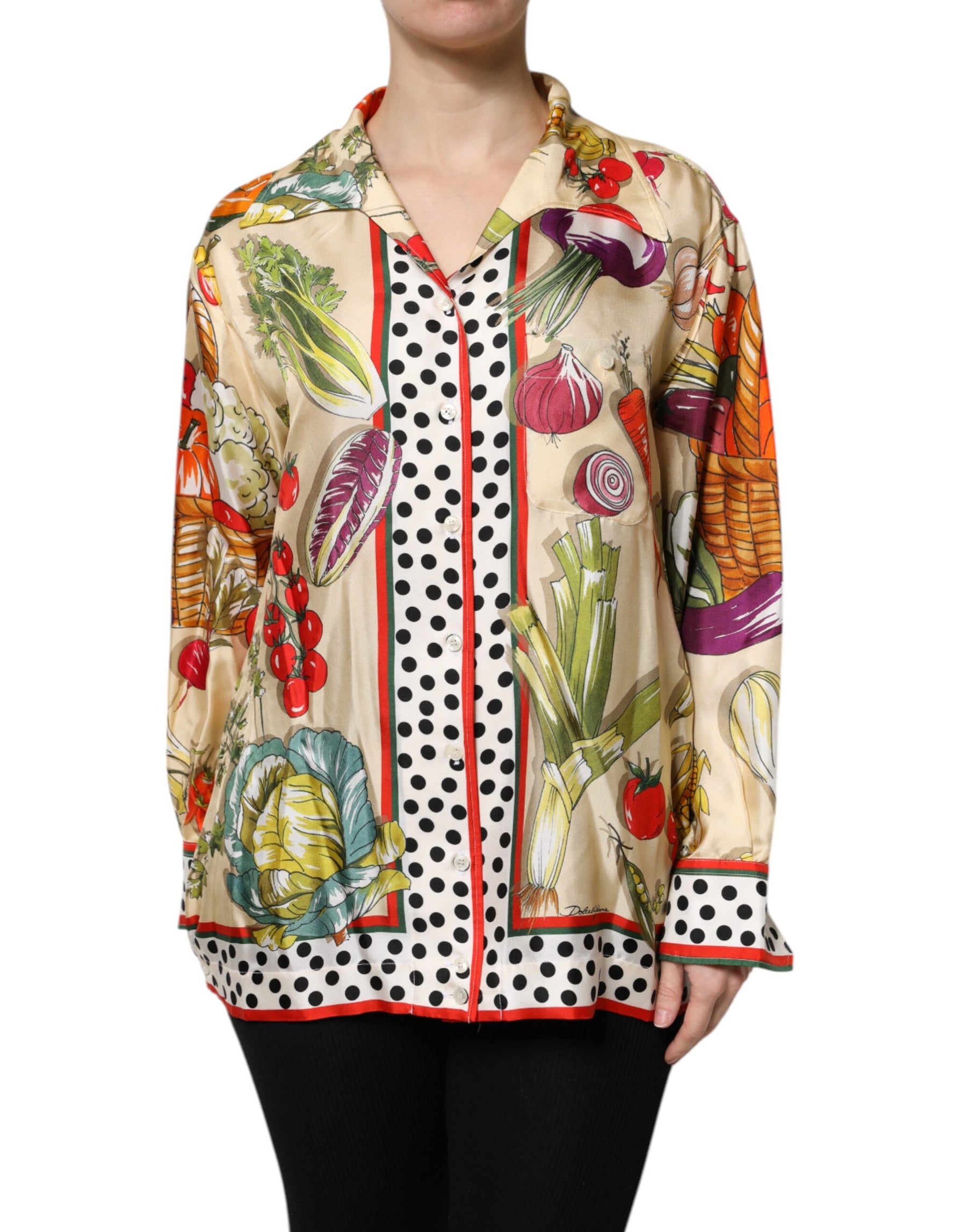 Dolce & Gabbana Multicolor Vegetables Silk Long Sleeves Top | Regal Royce