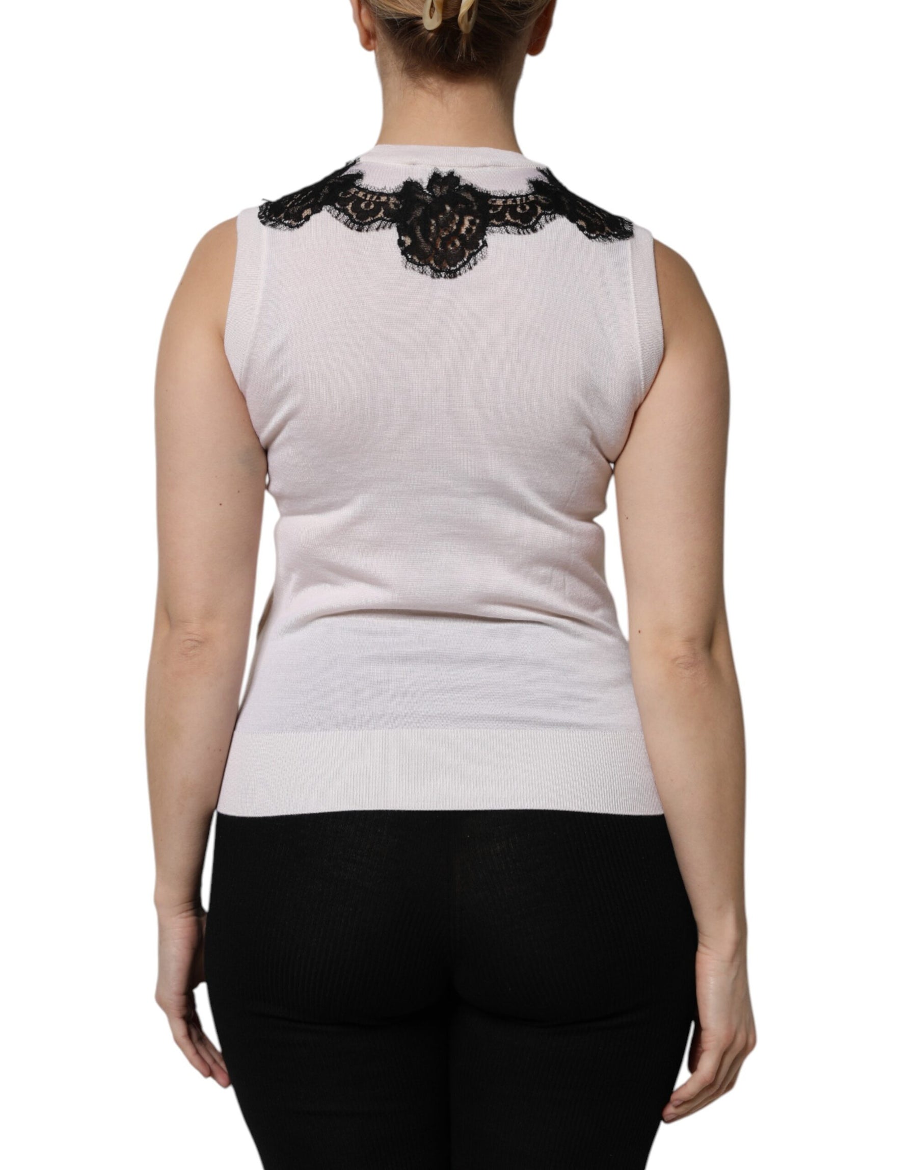 Dolce & Gabbana White Cashmere Floral Lace Detailing Tank Top | Regal Royce