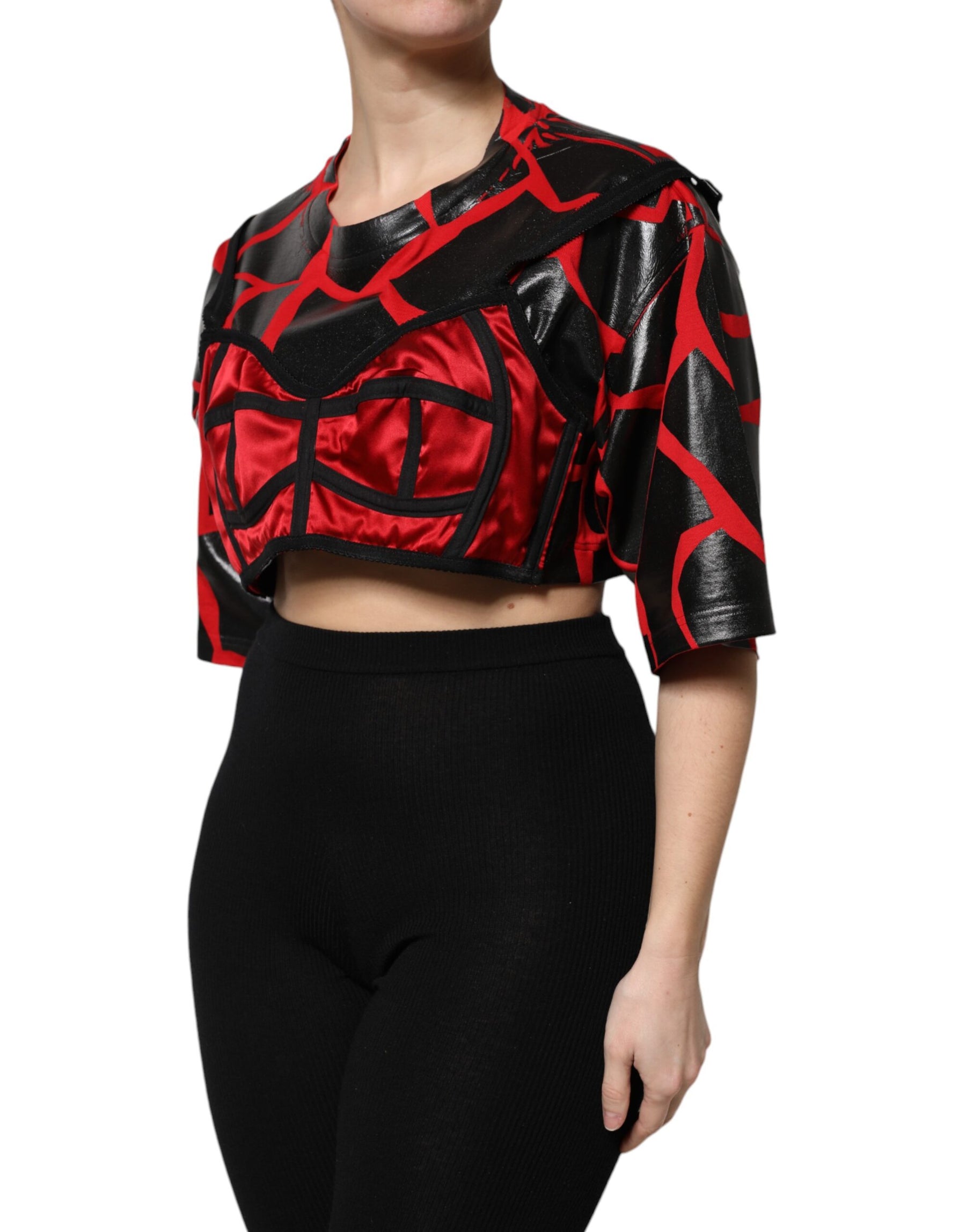 Dolce & Gabbana Red Black Cotton Bustier Detailing Cropped Top | Regal Royce