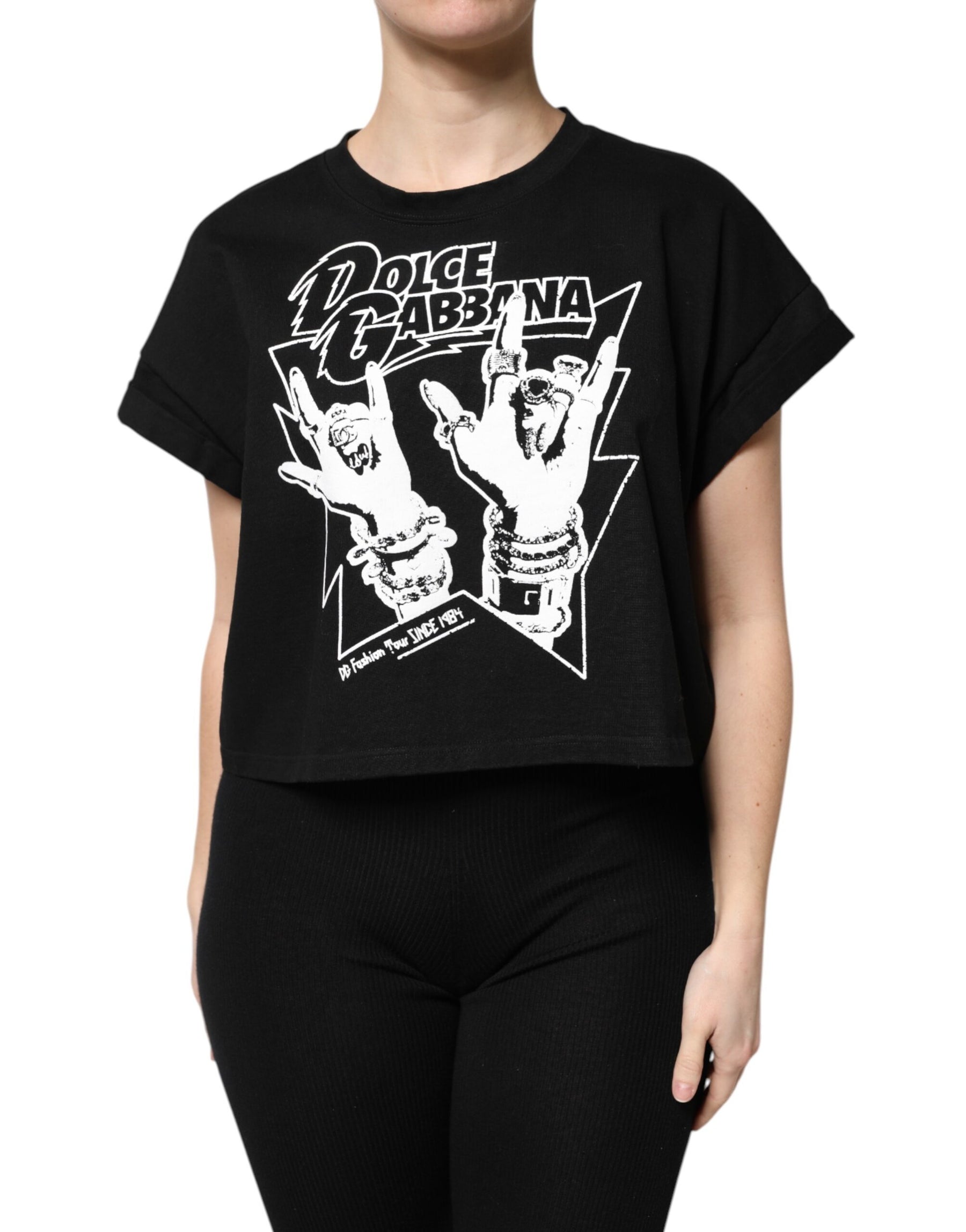 Dolce & Gabbana Black Cotton Printed Short Sleeves T-shirt | Regal Royce