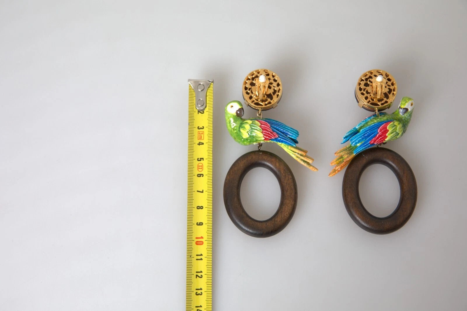 Dolce & Gabbana Multicolor Parrot Wood Brass Crystal Embellished Earrings | Regal Royce