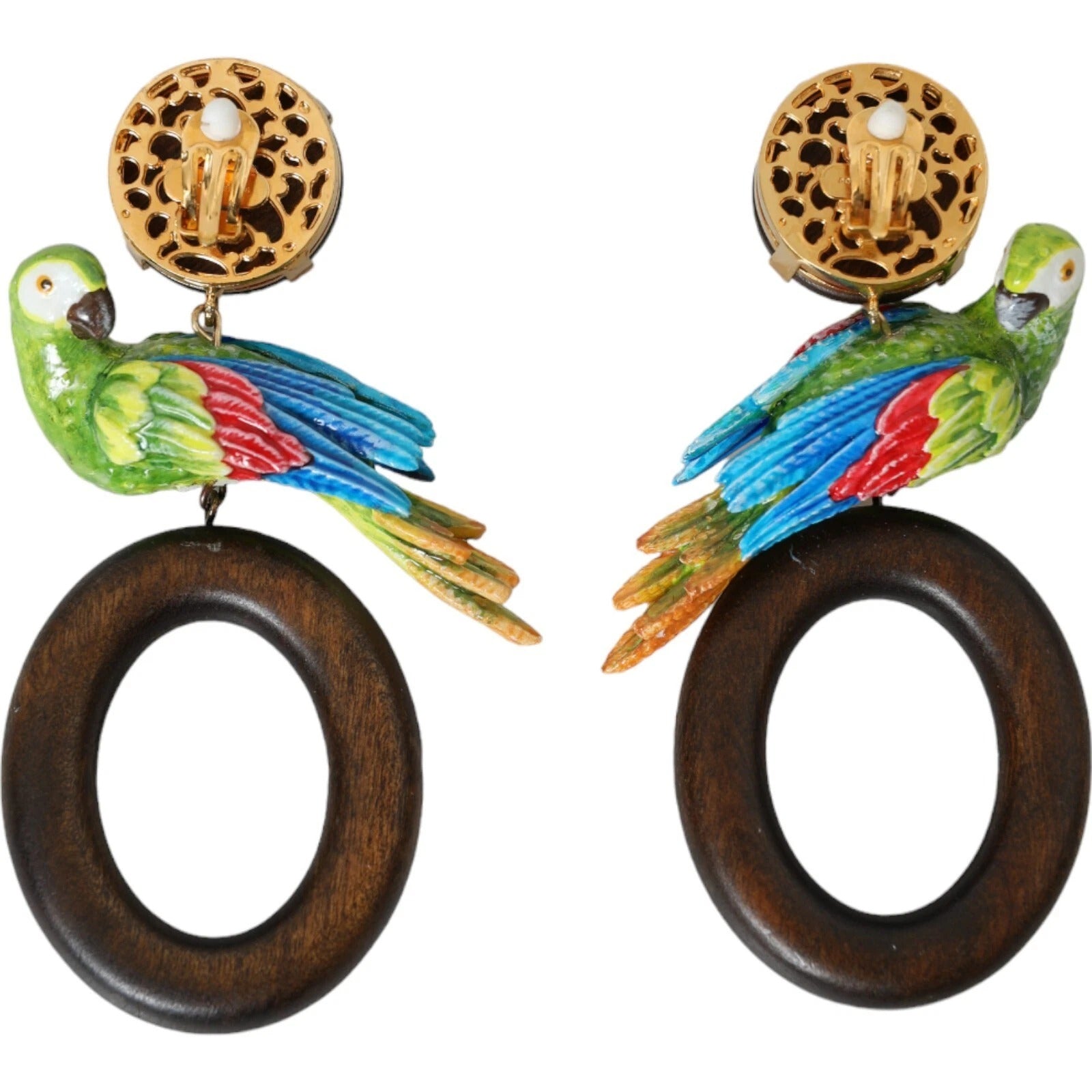 Dolce & Gabbana Multicolor Parrot Wood Brass Crystal Embellished Earrings | Regal Royce