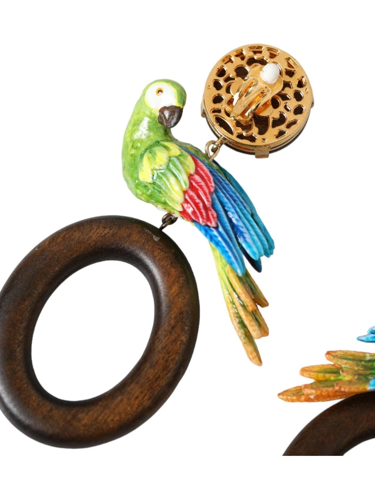 Dolce & Gabbana Multicolor Parrot Wood Brass Crystal Embellished Earrings | Regal Royce